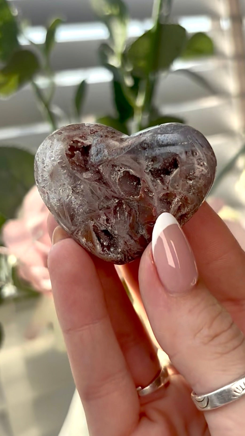 Gorgeous, mini rutile, pink amethyst  heart -comes with stand