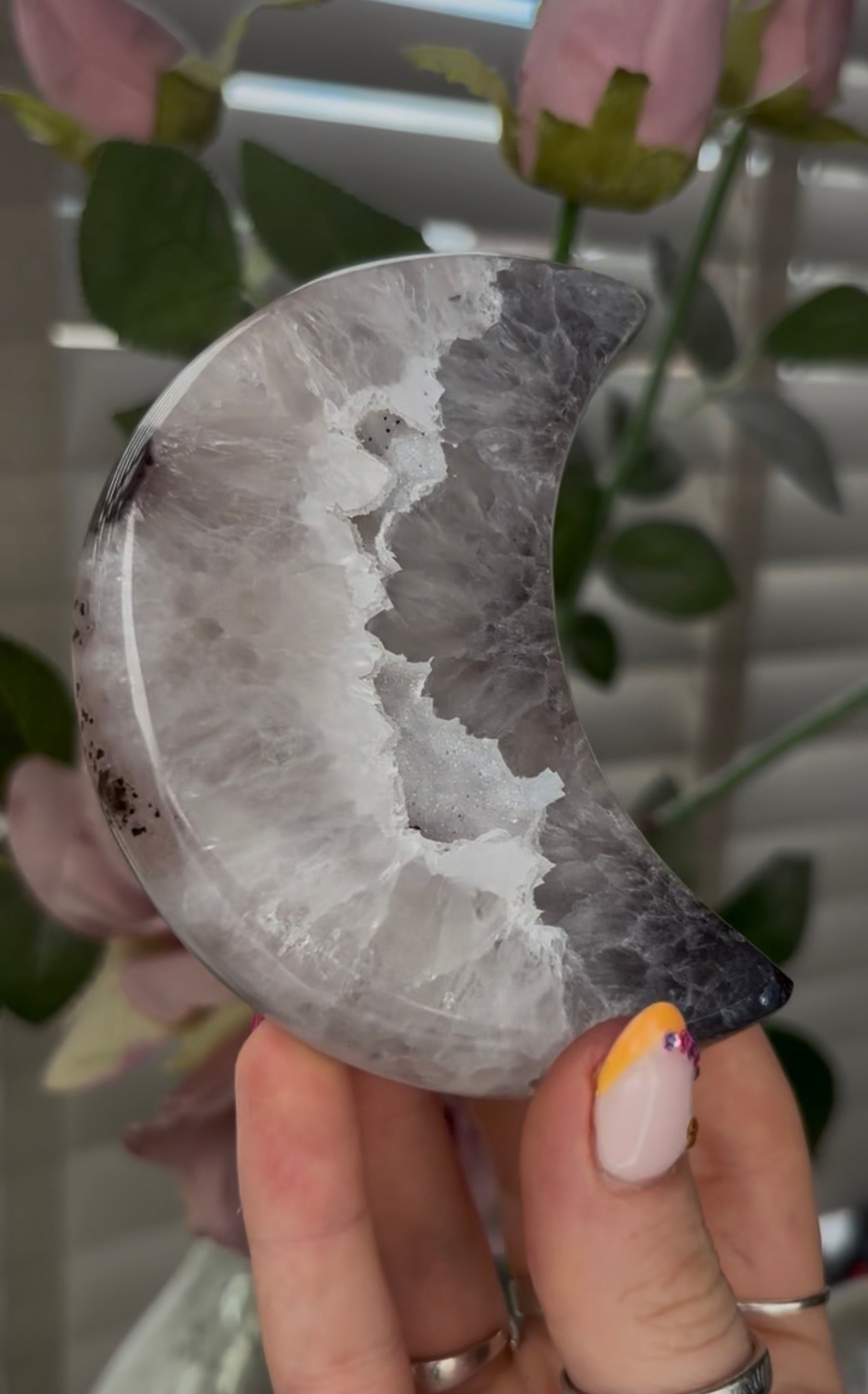 Beautiful, high grade, agate moon with druzy - comes with stand