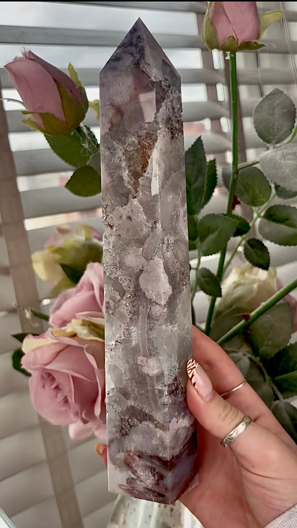Stunning!! Super high quality, Druzy, green chlorite x blue flower agate tower