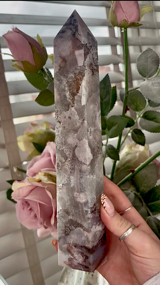 Stunning!! Super high quality, Druzy, green chlorite x blue flower agate tower