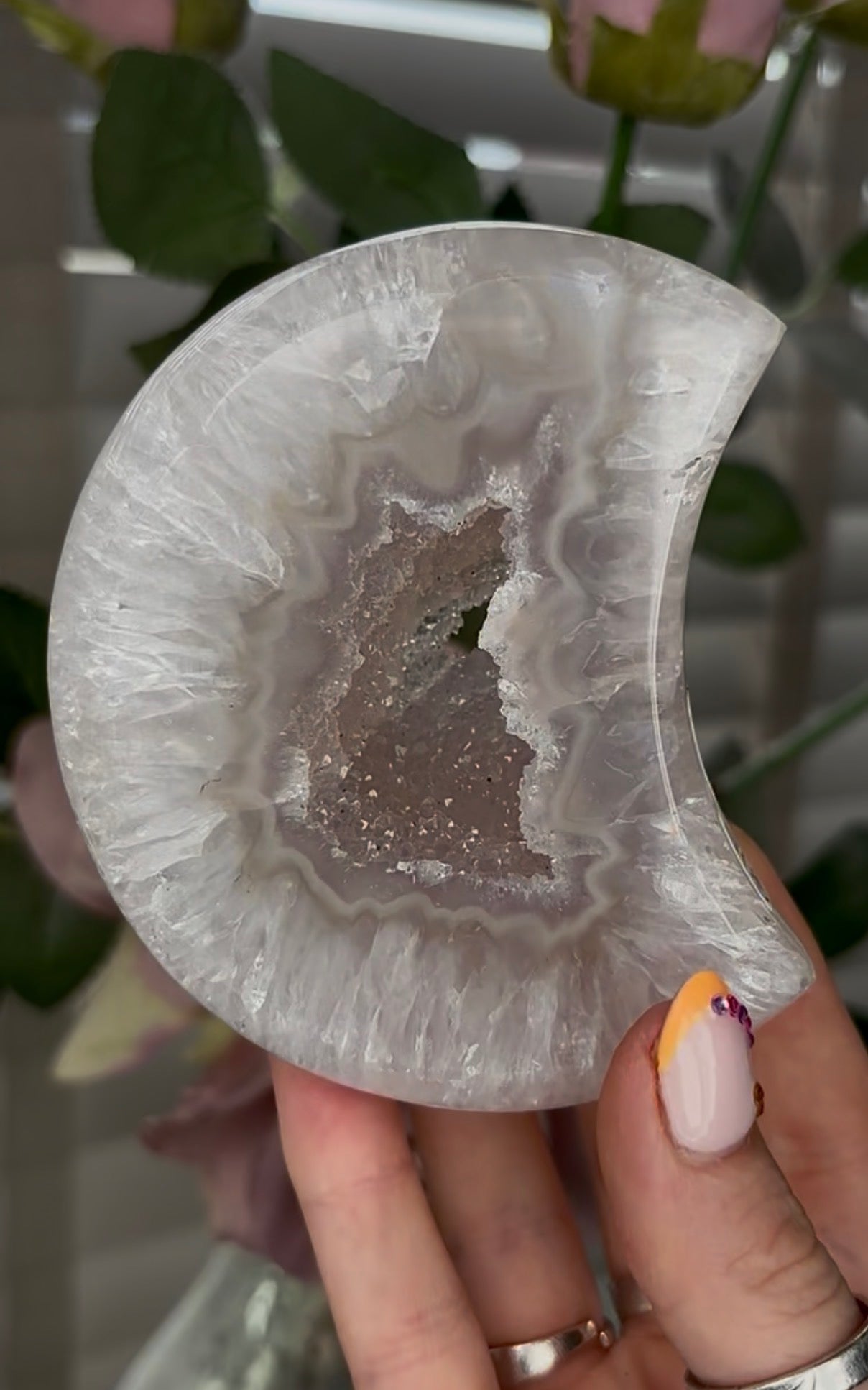Beautiful, high grade, agate moon with druzy - comes with stand