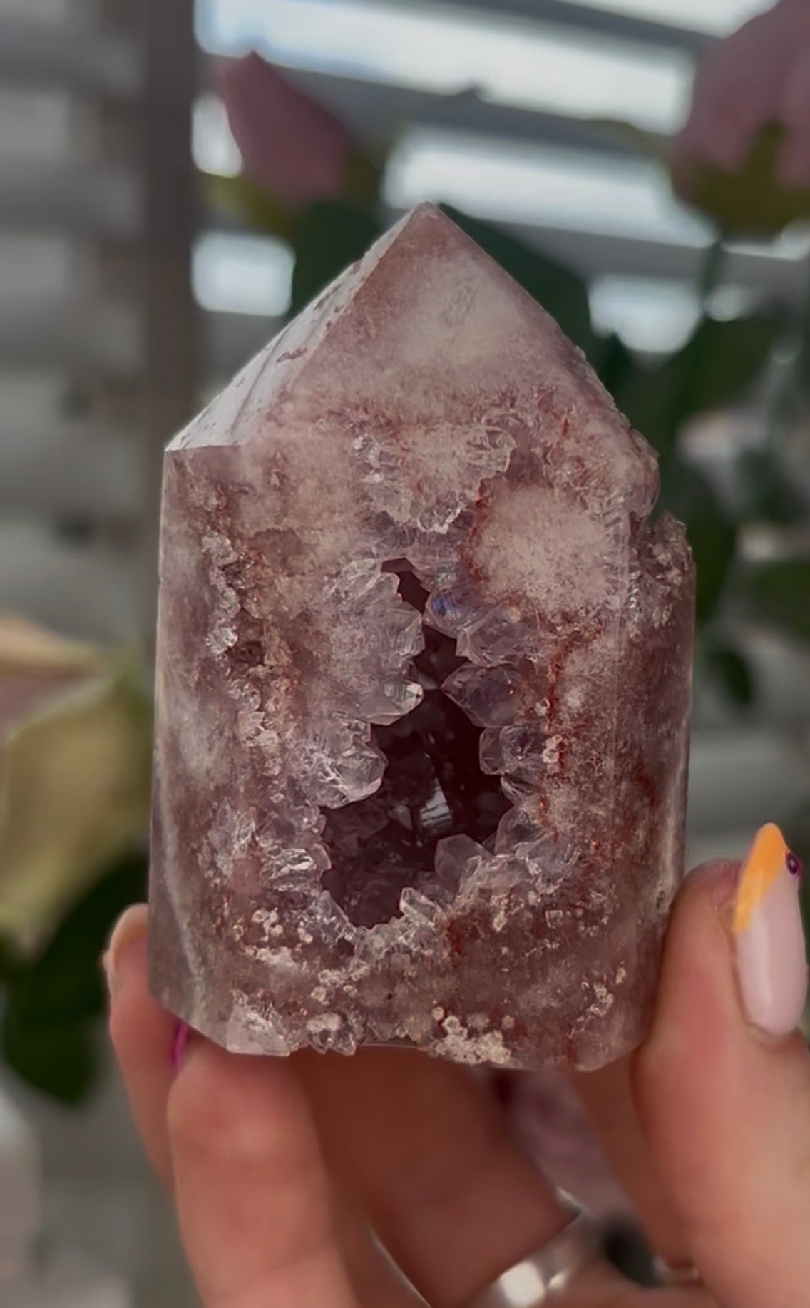 Beautiful, Pink amethyst tower with quartz druzy