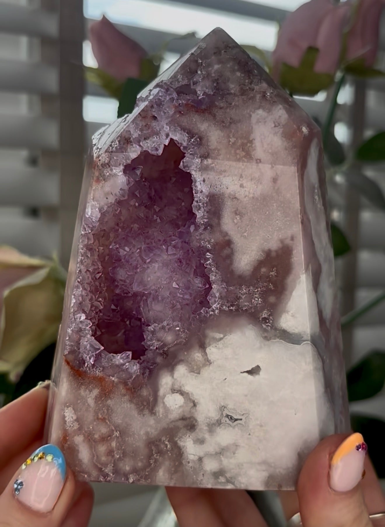 Huge, Beautiful, Pink amethyst tower with purple quartz druzy