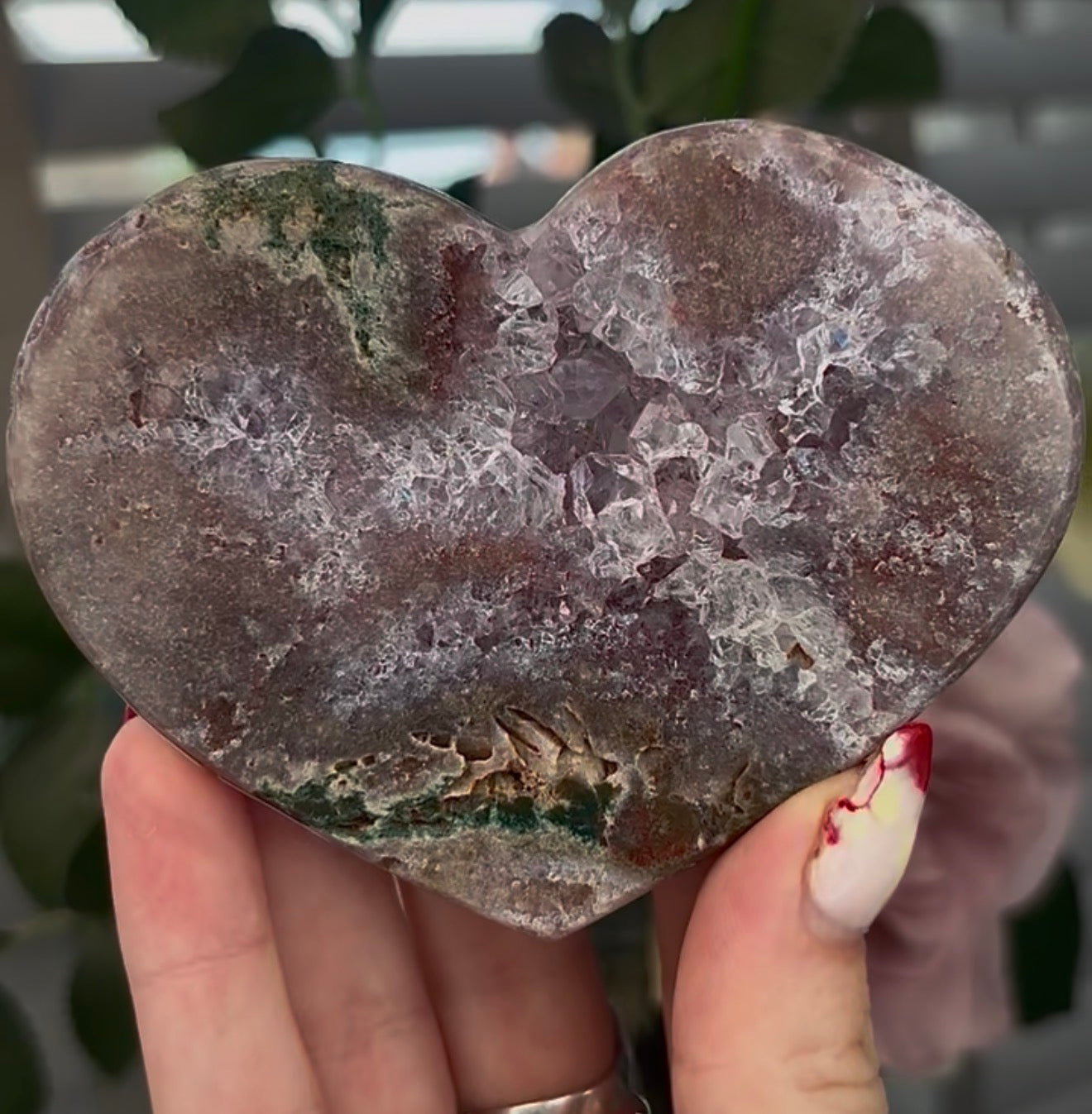 pink amethyst heart with Jasper and quartz - comes with stand (10cm)