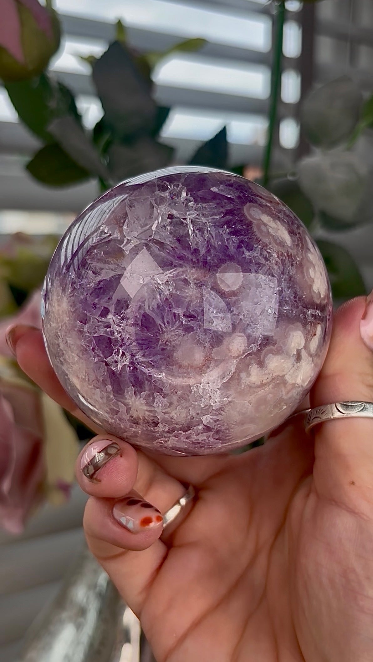 High grade, Amethyst Flower agate sphere 7.5cm 585g