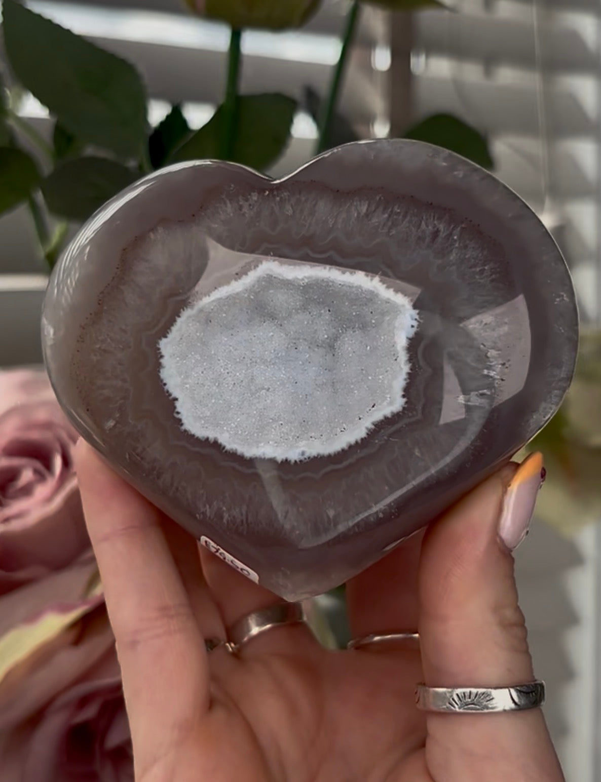 Beautiful, agate heart with baby blue sugar druzy - stand included