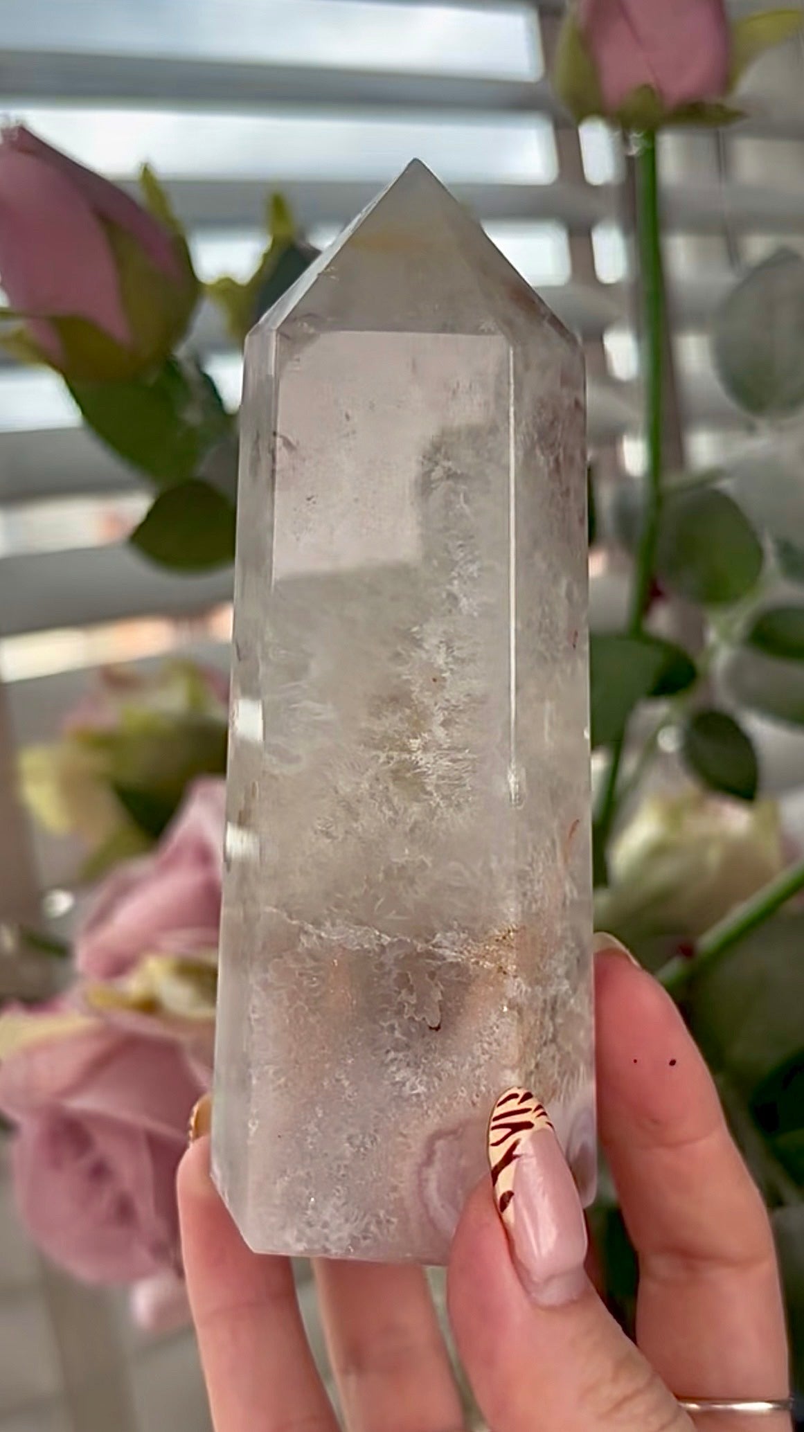 Stunning!! Super high quality, Druzy, green chlorite x blue flower agate tower