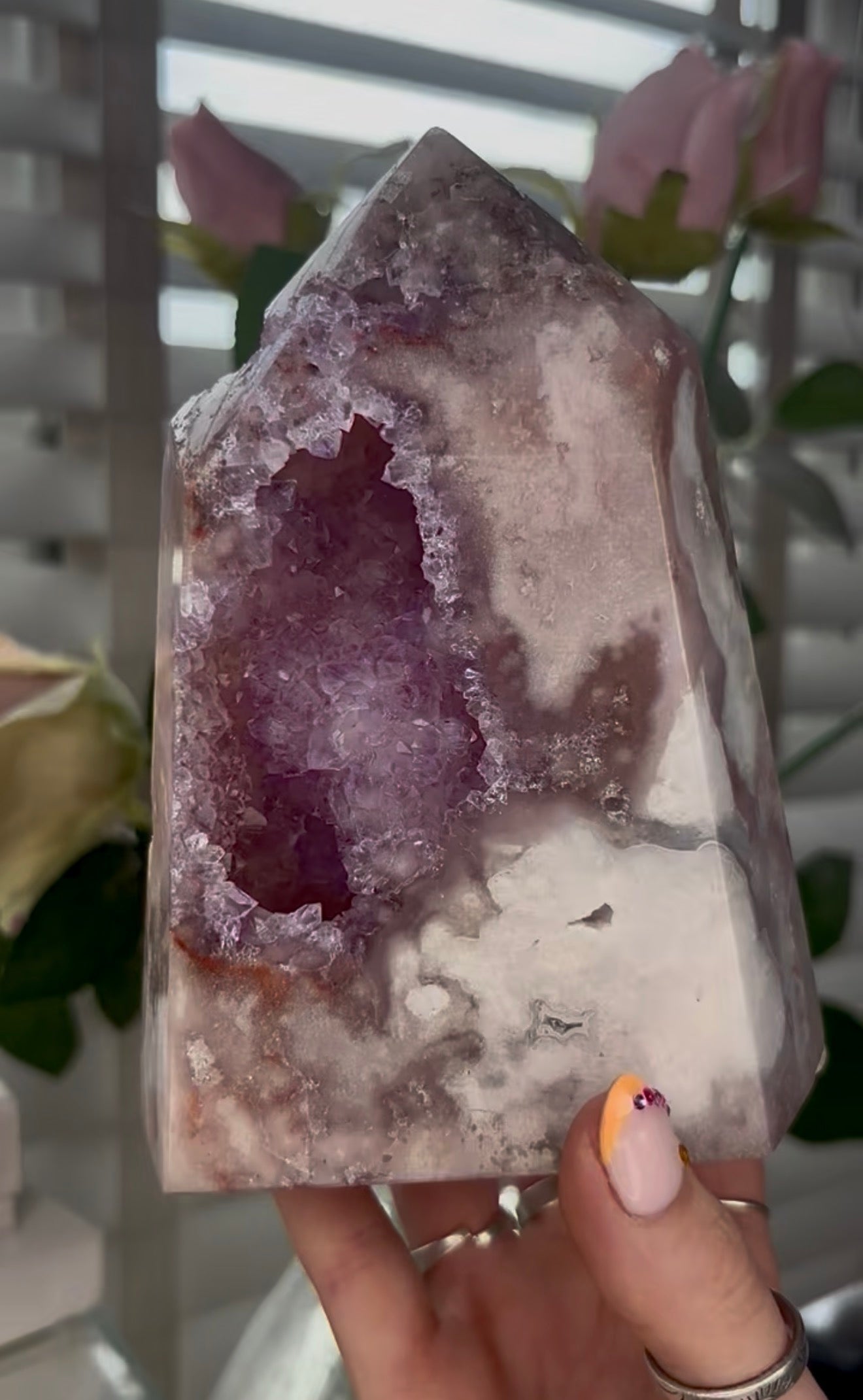 Huge, Beautiful, Pink amethyst tower with purple quartz druzy