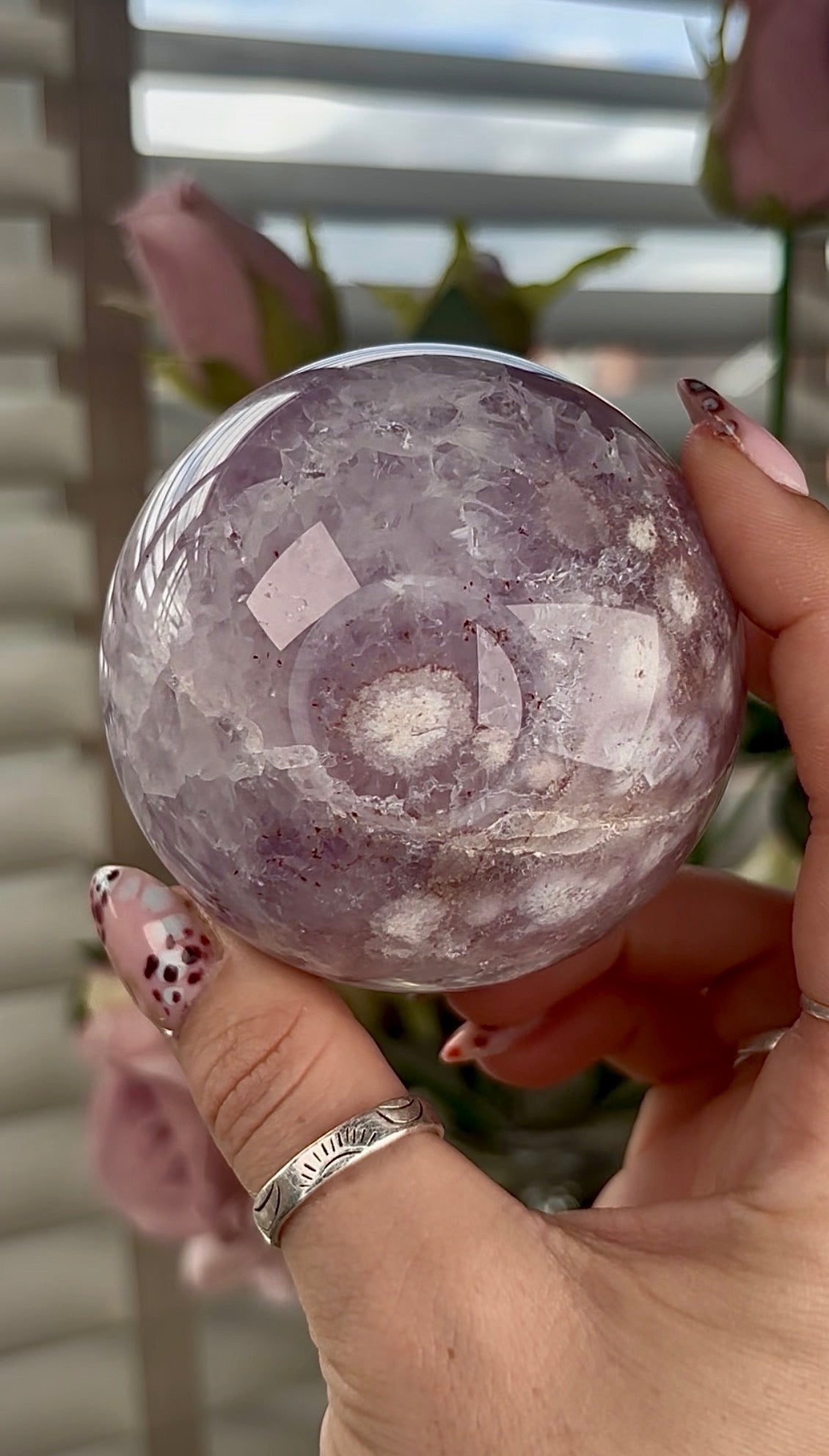 High grade, amethyst Flower agate sphere with high clarity quartz