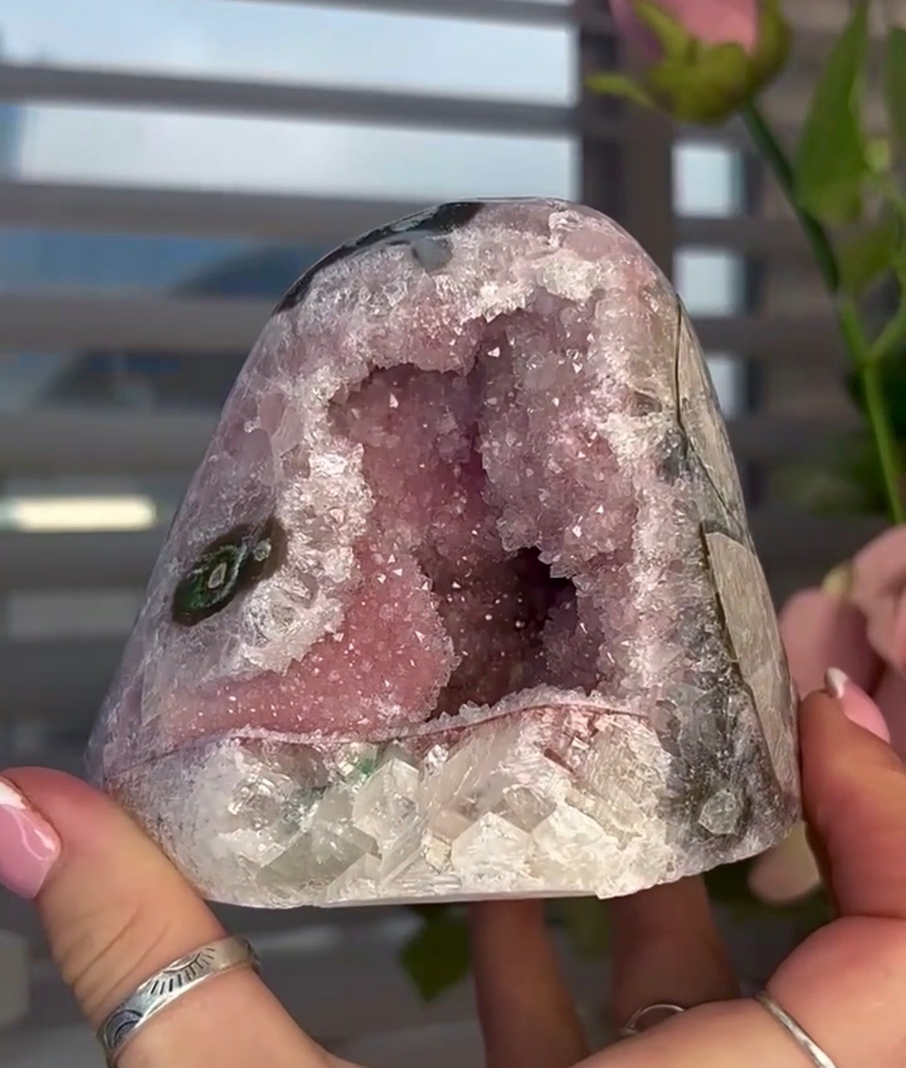 High quality, pink toned, rainbow amethyst on a calcite cutbase with stalactite eye