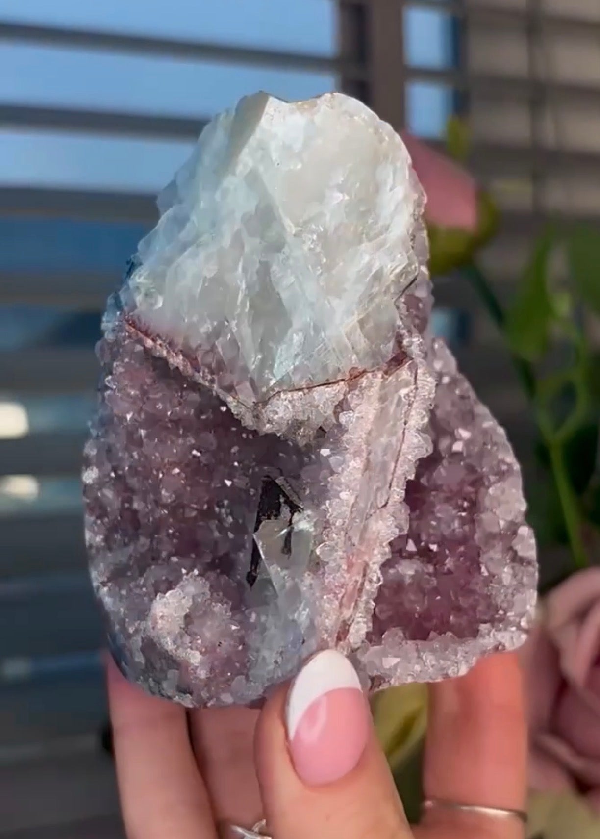 High quality, lavender, pink toned, double cave rainbow amethyst, cutbase with calcite