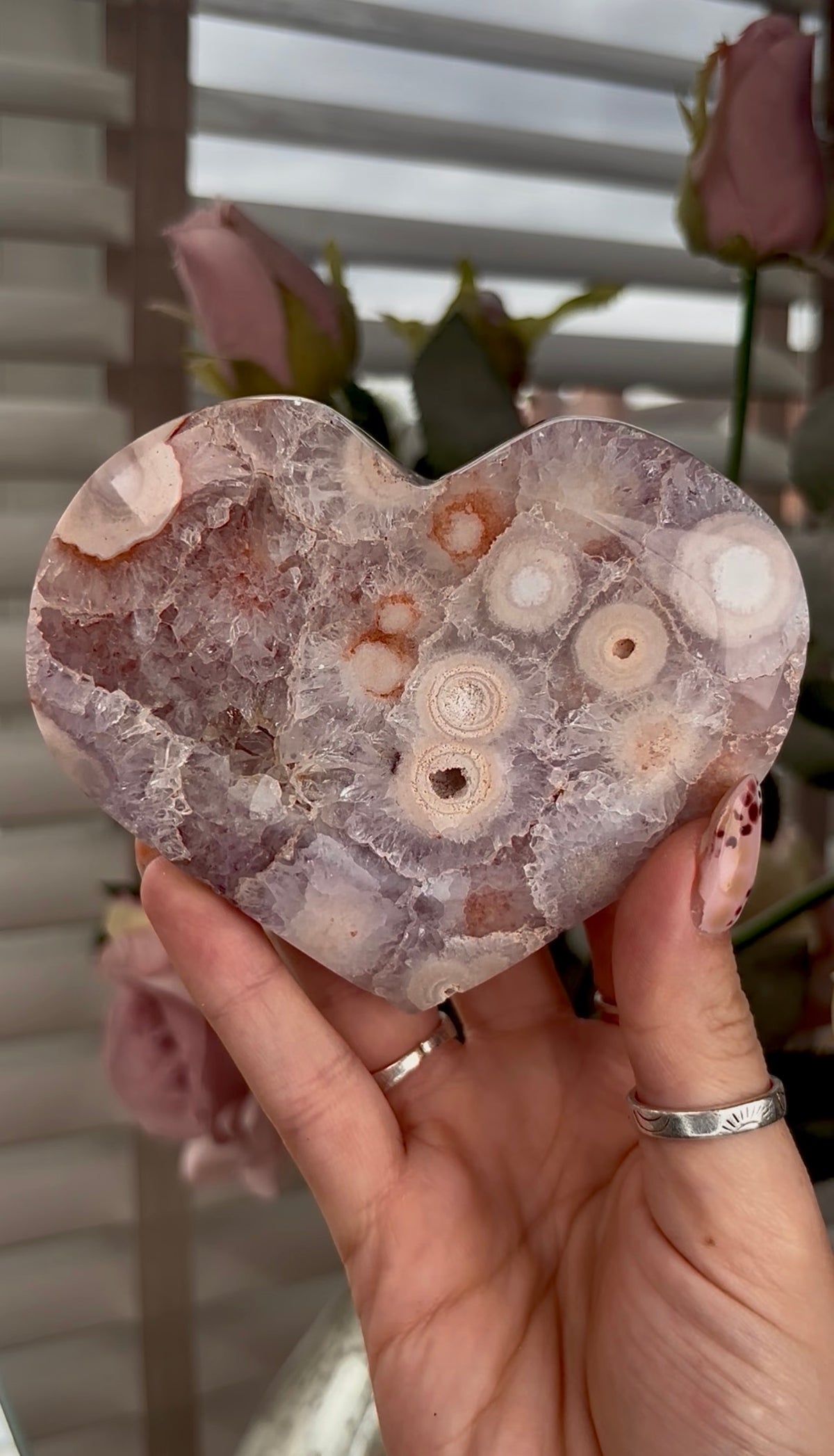 High grade, amethyst Flower agate heart with high clarity quartz
