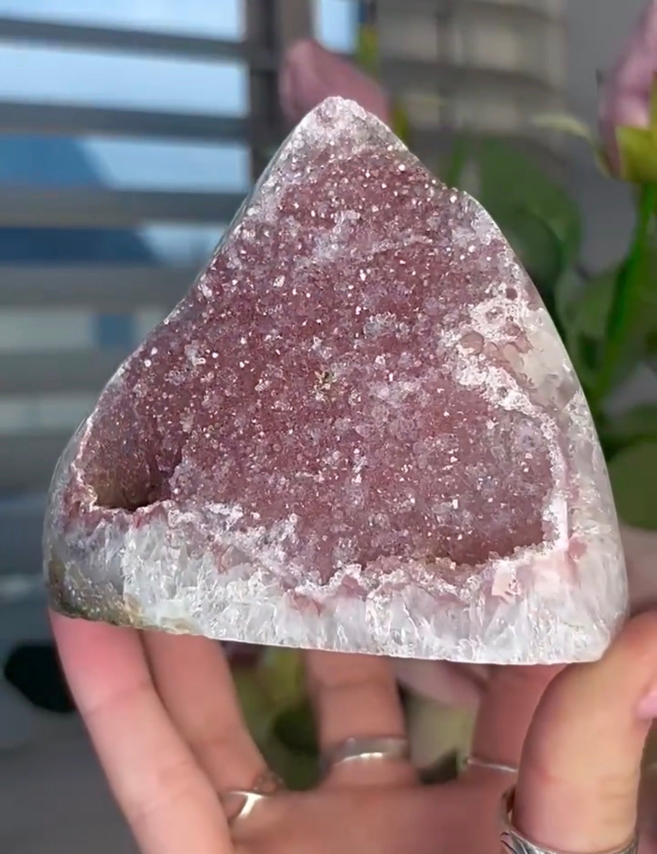 Pink Rainbow amethyst cutbase with a calcite base