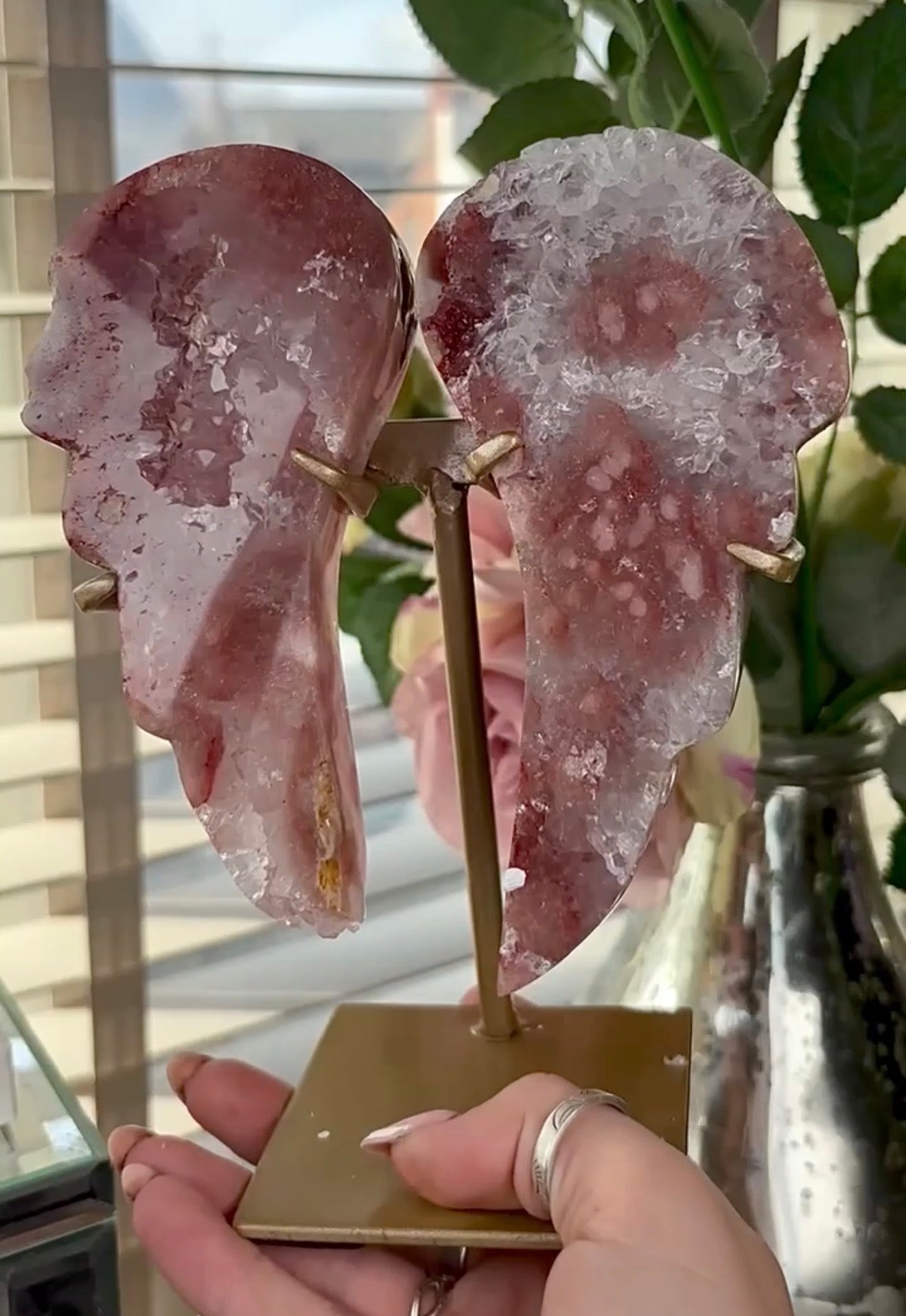 High quality, pink amethyst wings in reddish/deep pink tone - comes with stand