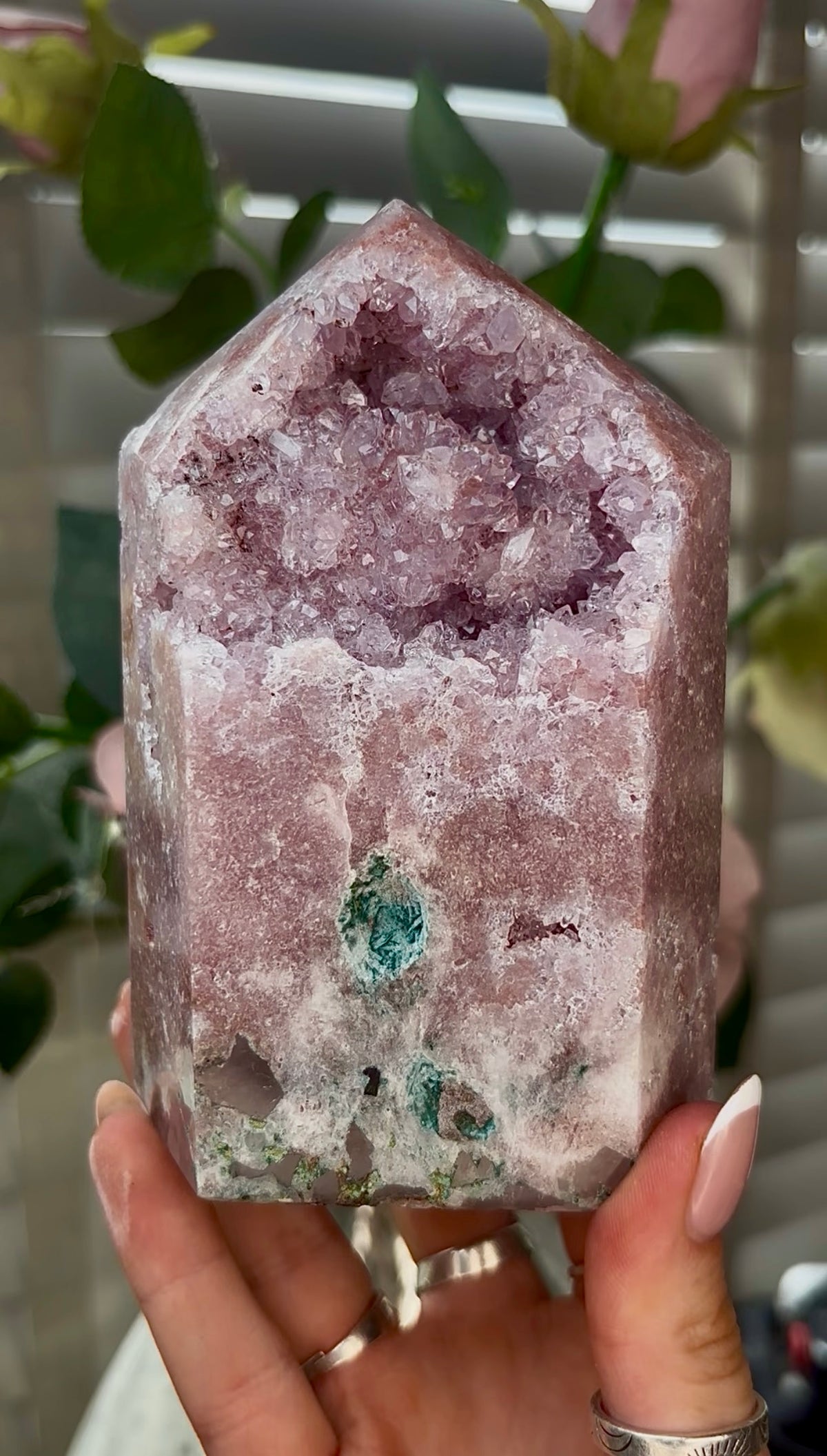 Beautiful, hq, druzy, chunky Pink amethyst tower 12.7cm(h) by 8.2cm(w)