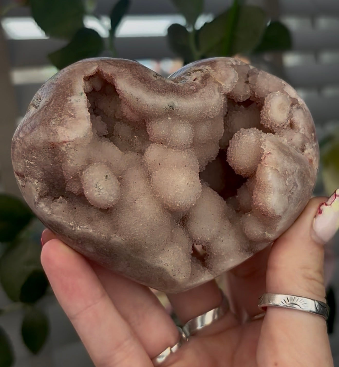 Chunky pink amethyst heart with bubble formations - comes with stand (9.6cm)
