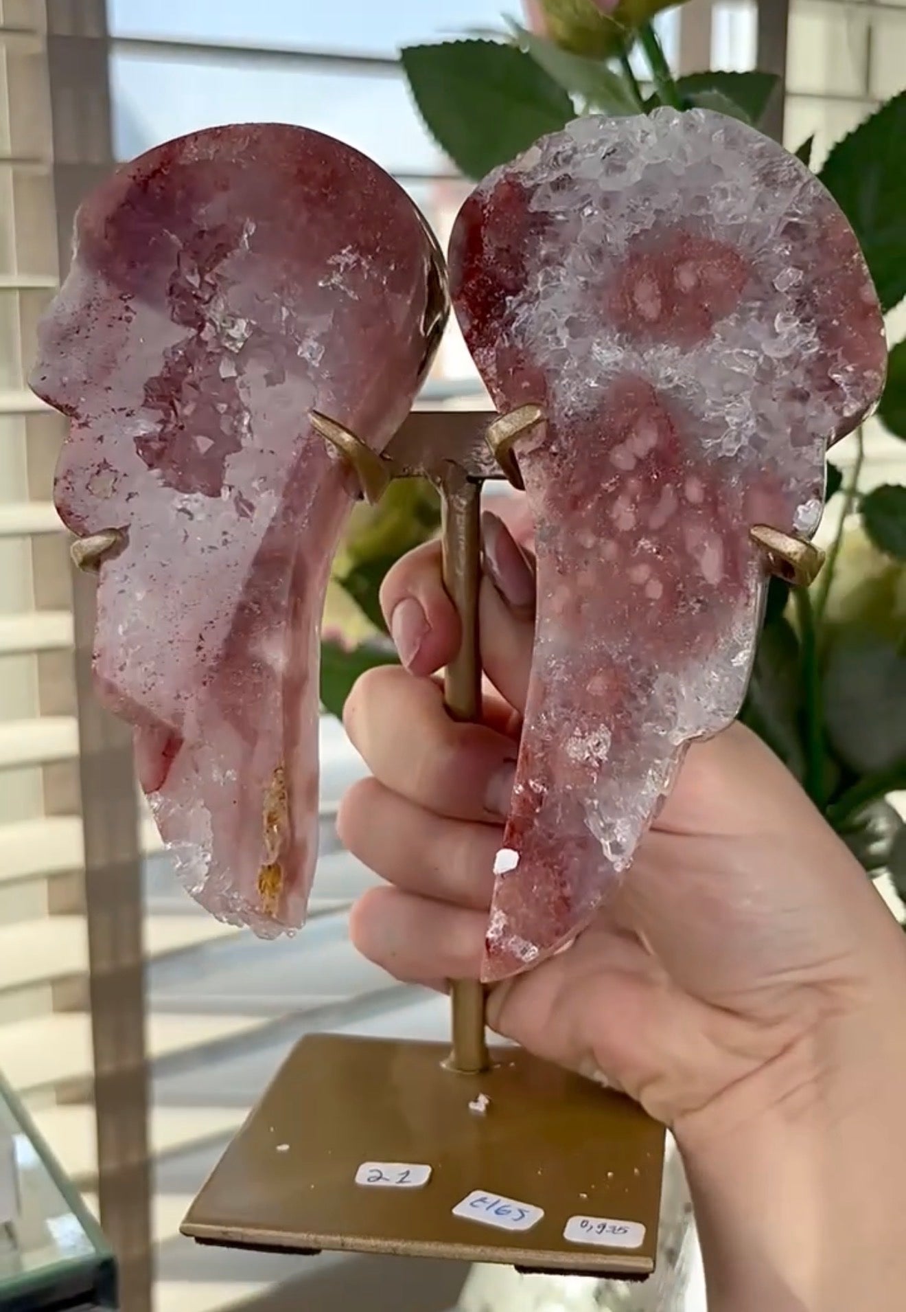 High quality, pink amethyst wings in reddish/deep pink tone - comes with stand