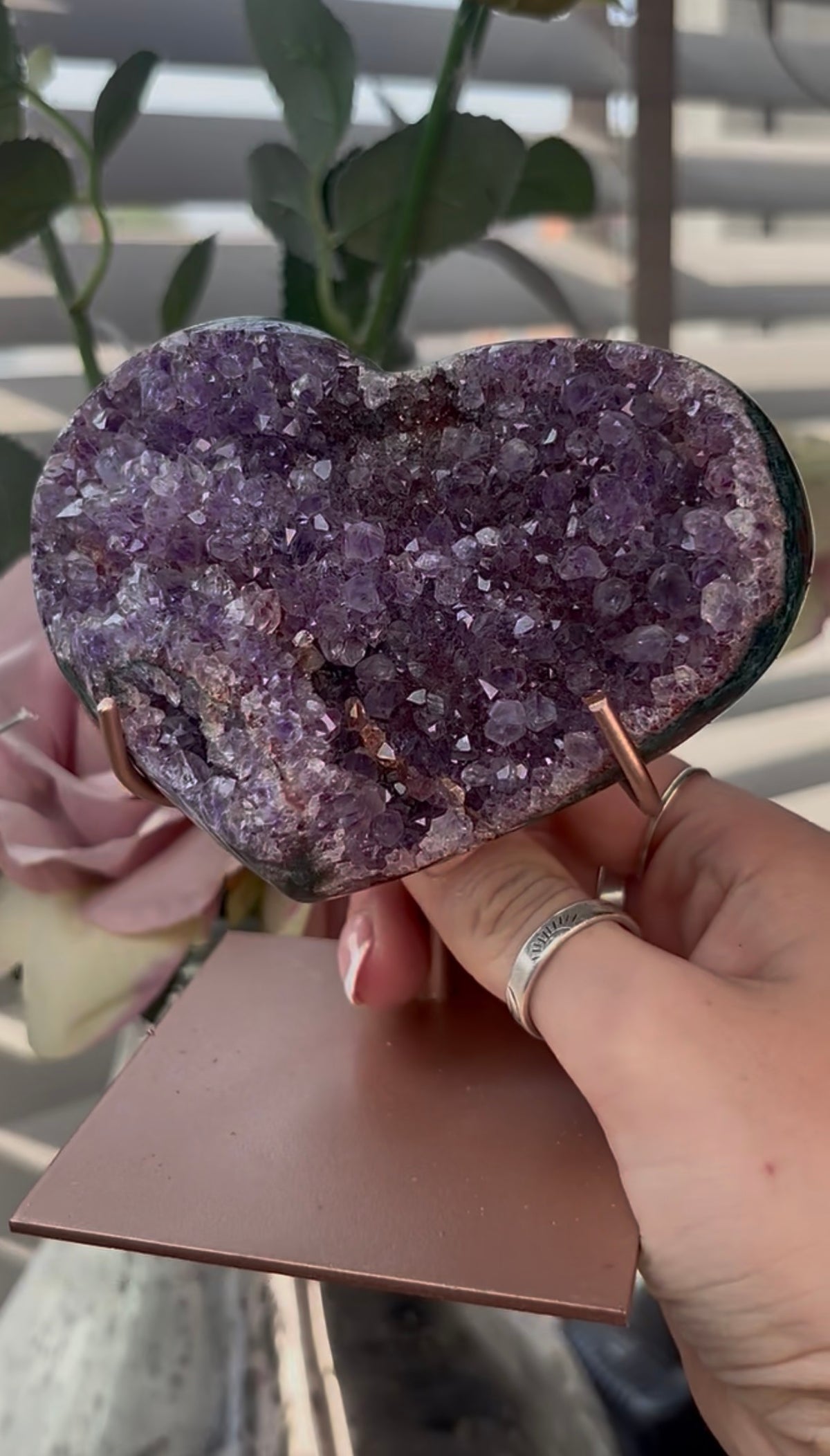 Gorgeous, high quality, pink amethyst heart with Jasper - comes with stand
