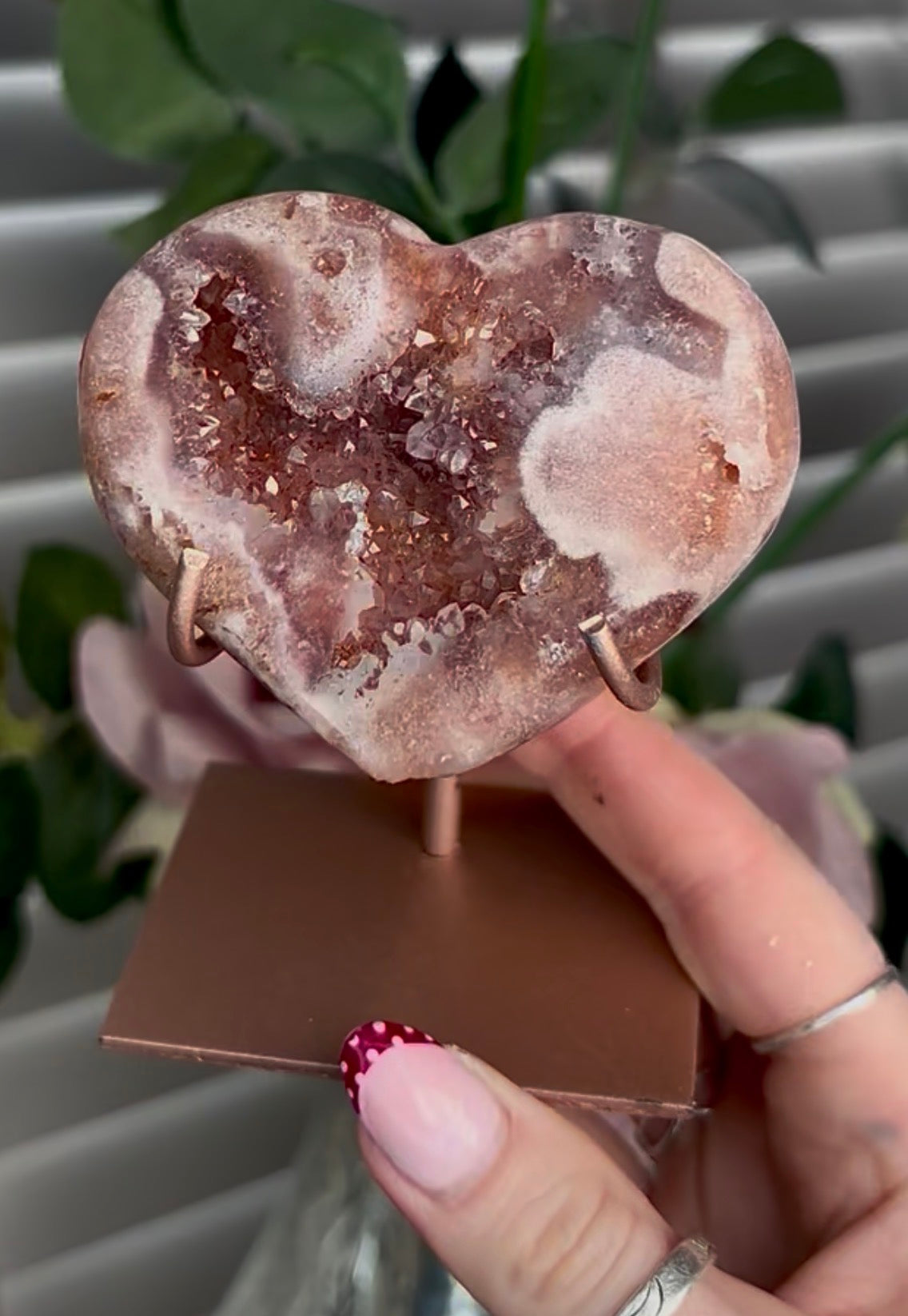 High quality pink amethyst heart - comes with stand