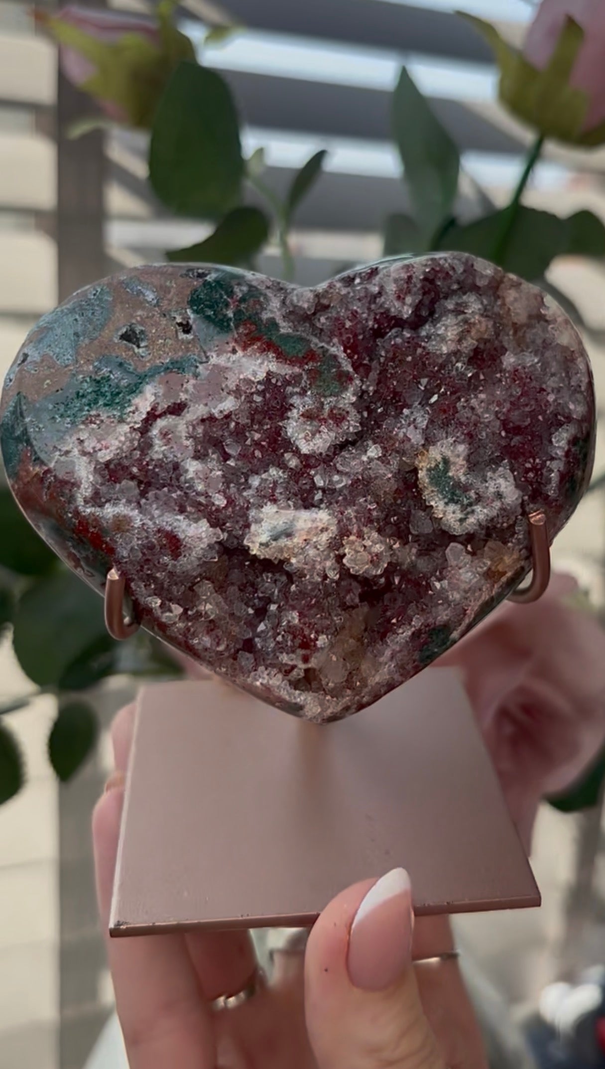 Gorgeous, high quality, pink amethyst heart with Jasper - comes with stand