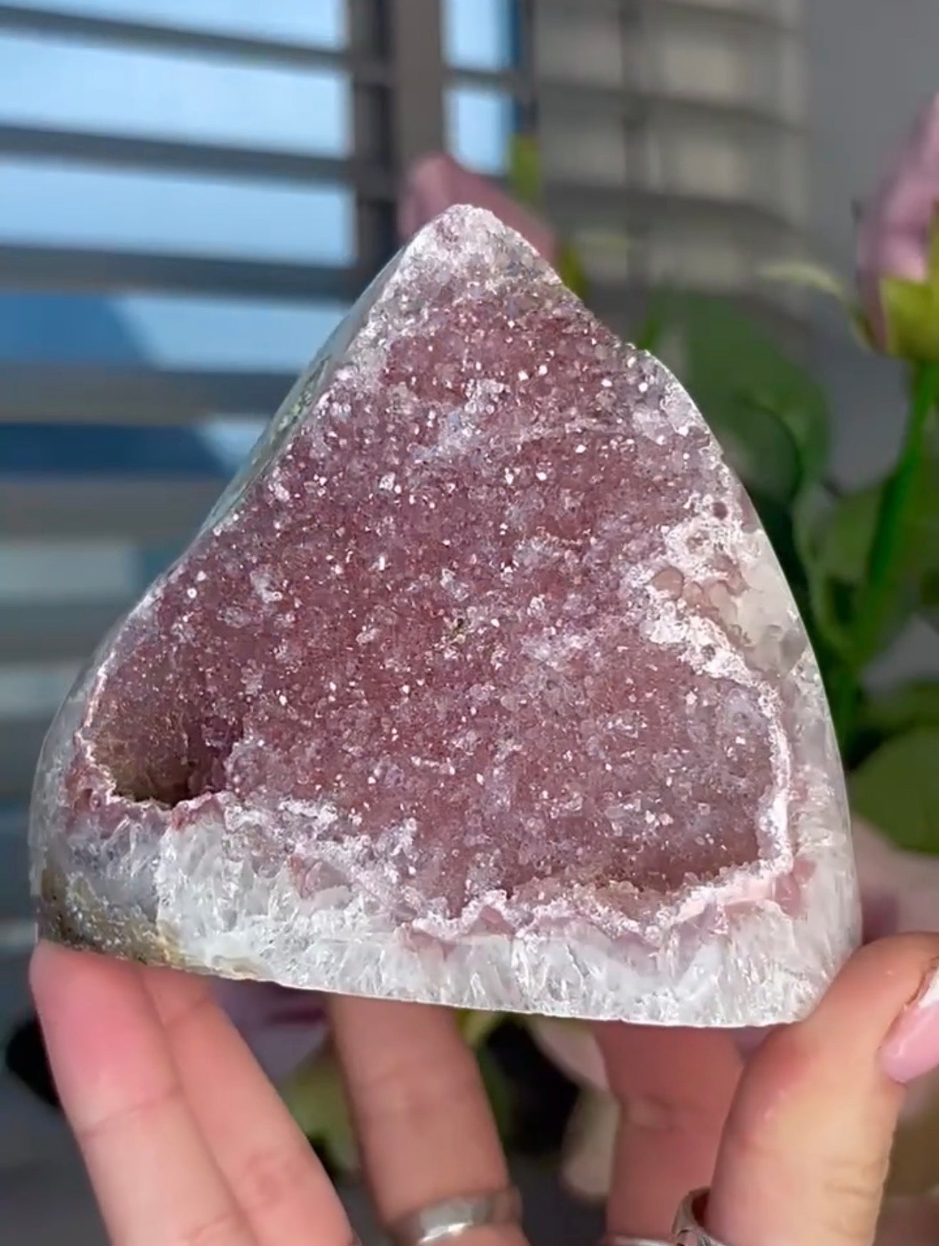 Pink Rainbow amethyst cutbase with a calcite base