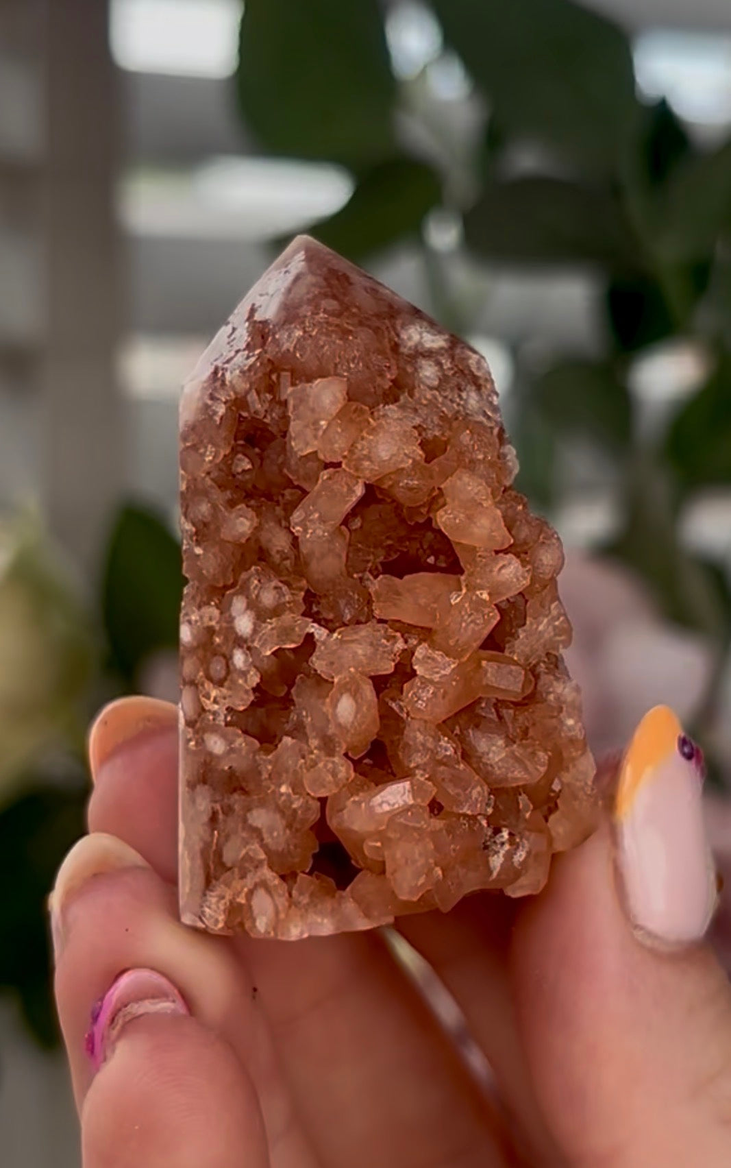 Mini, Pink amethyst tower in burnt orange tones with chewing gum druzy