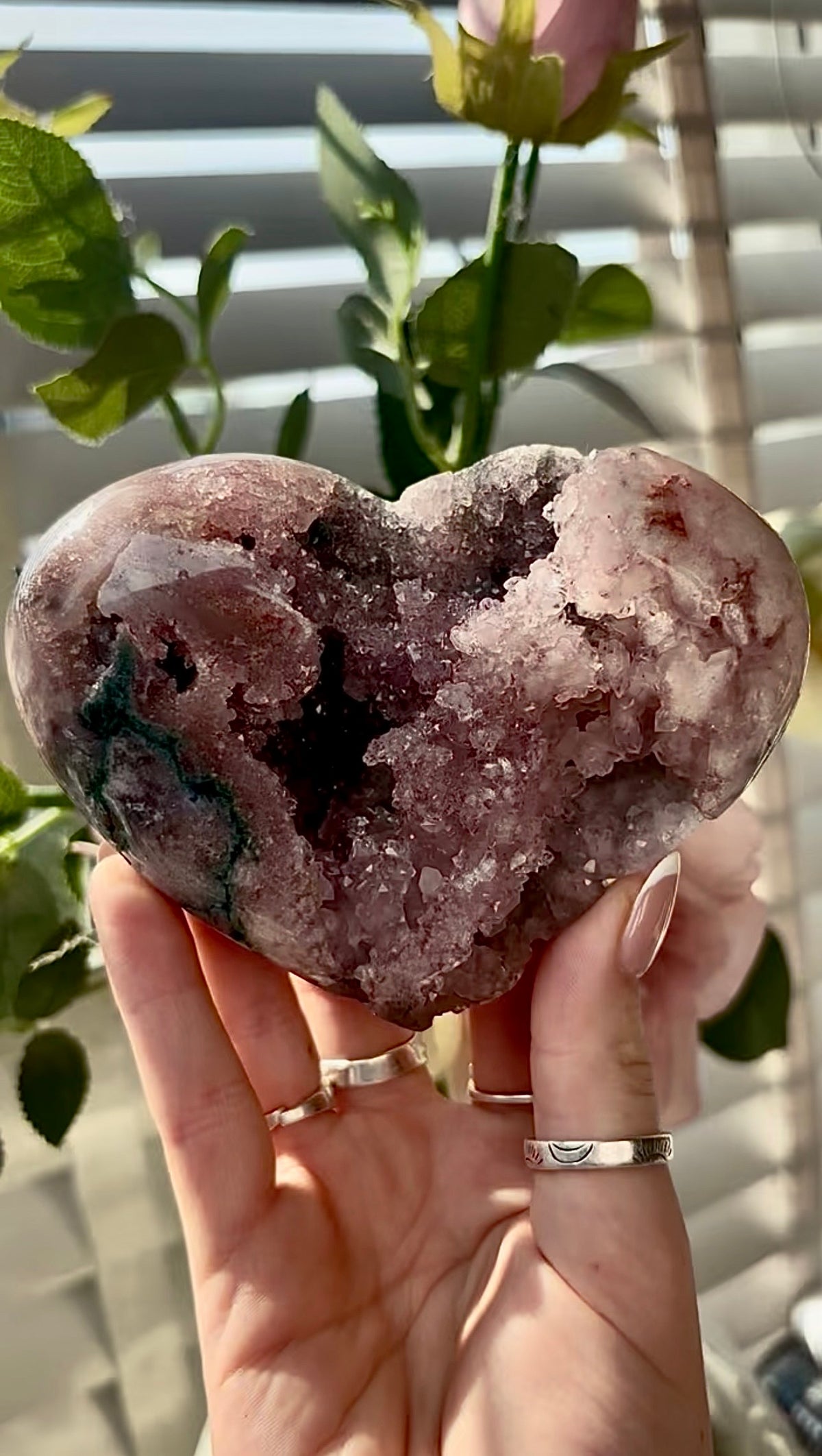 Gorgeous, pink amethyst  heart with Jasper -comes with stand