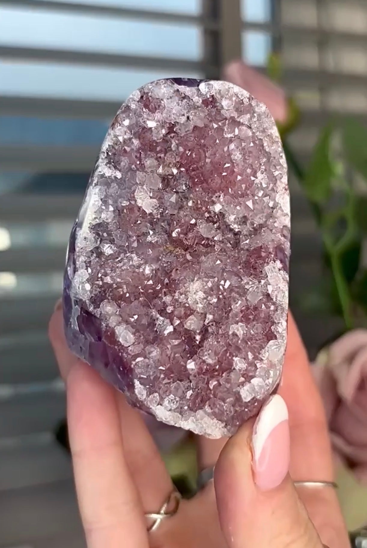 Light Pink rainbow amethyst on a purple & blue agate base