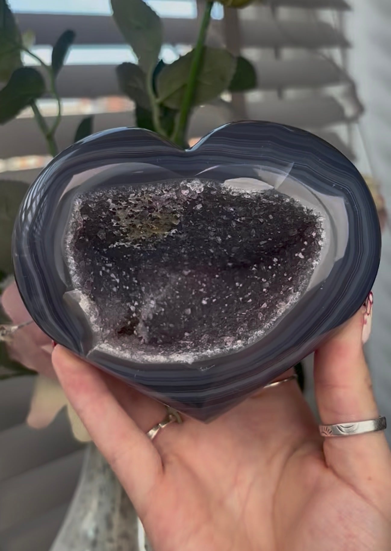 Beautiful, high quality, blue agate heart with druzy - stand included