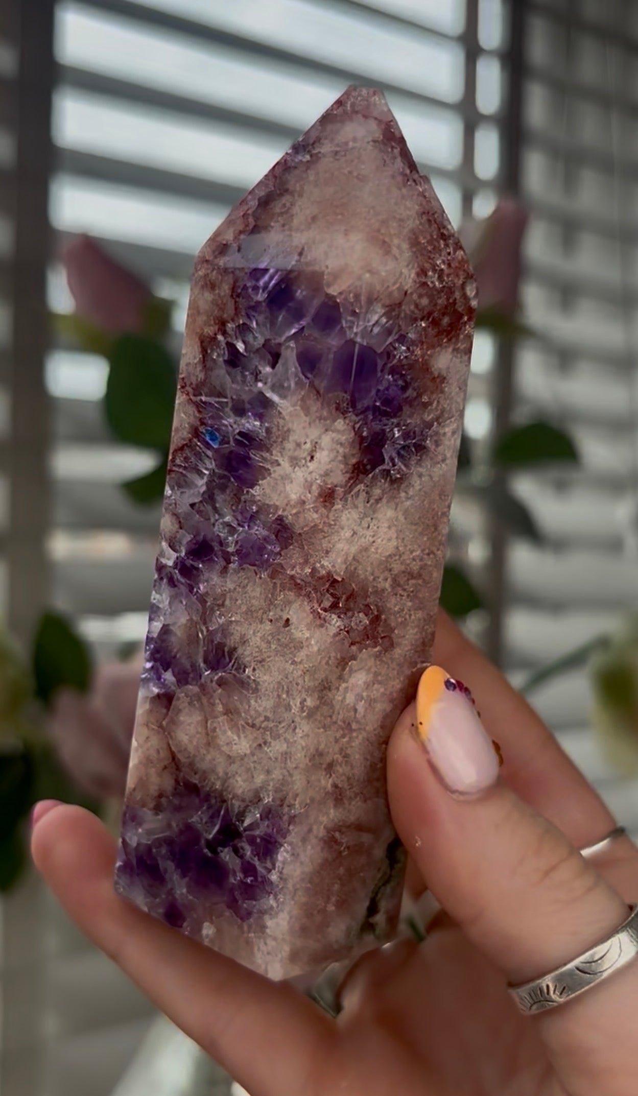 High quality, Pink amethyst tower, with purple quartz druzy