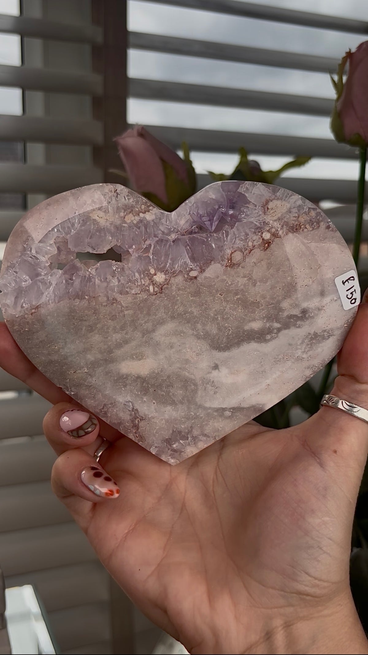 High grade, amethyst Flower agate heart with high clarity quartz