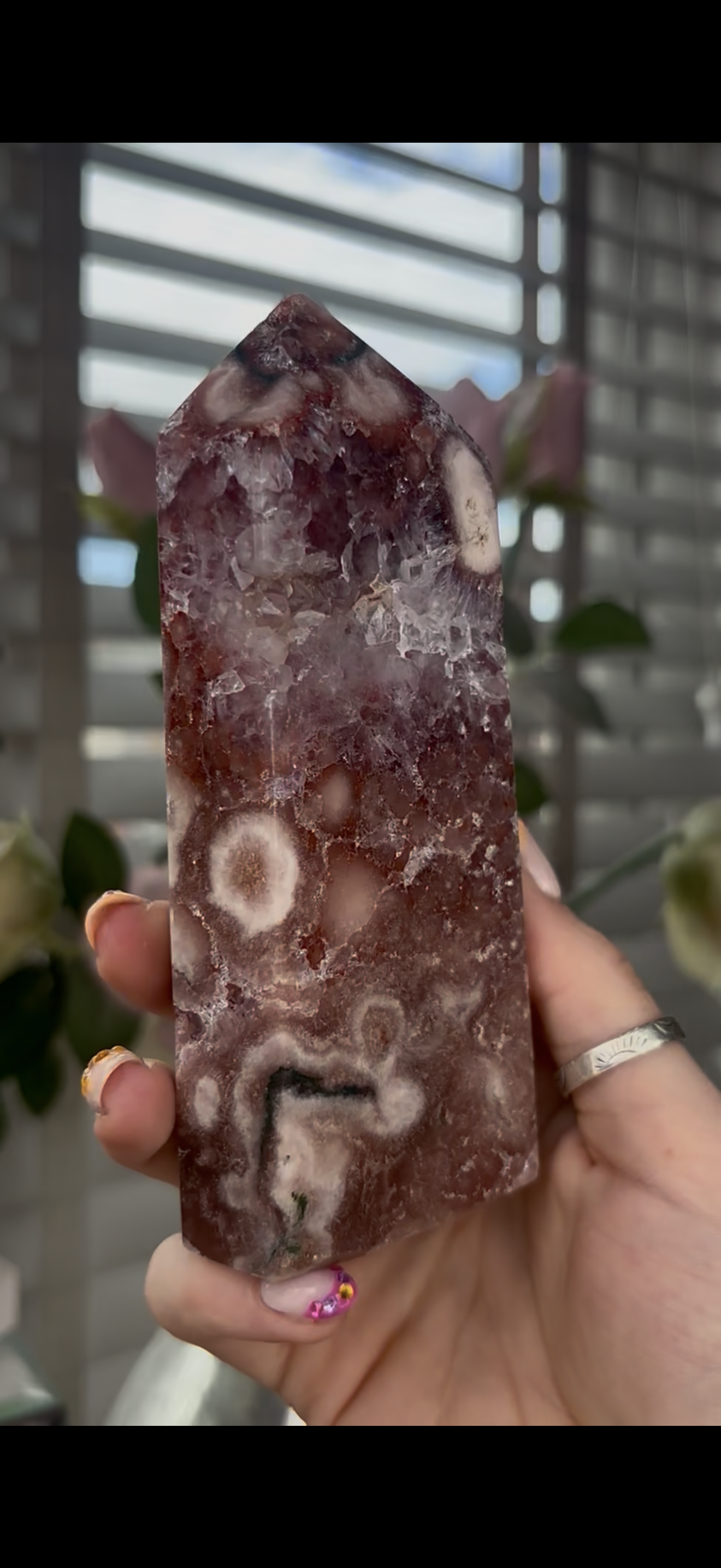 Beautiful, high quality, Pink amethyst tower with Green jasper