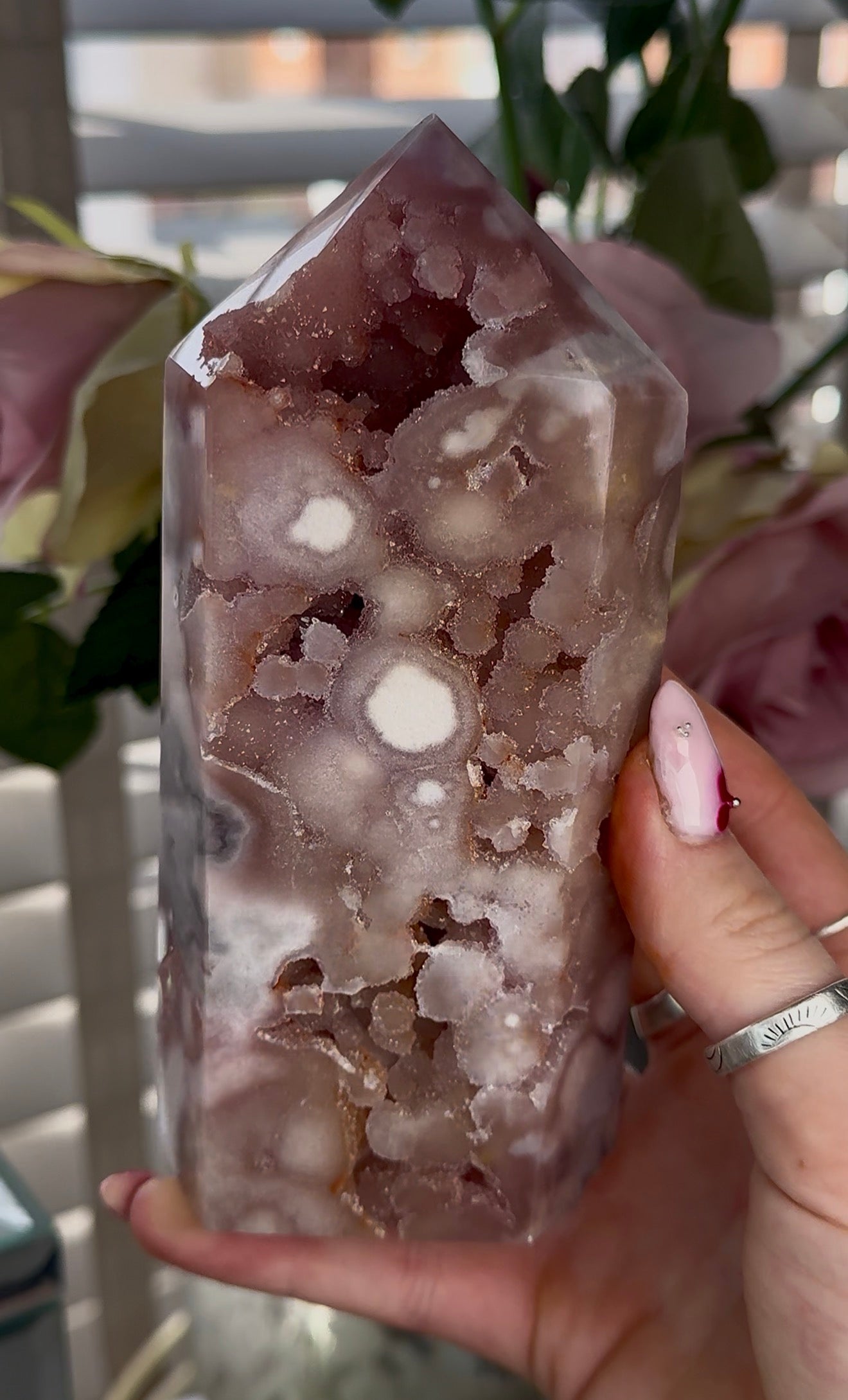 High quality Pink amethyst tower with bubble druzy