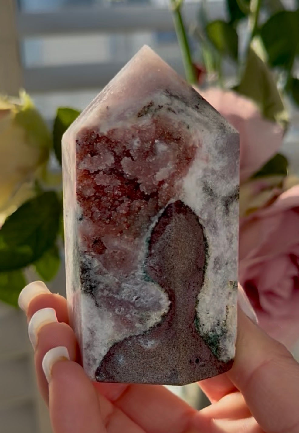Pink amethyst tower with jasper