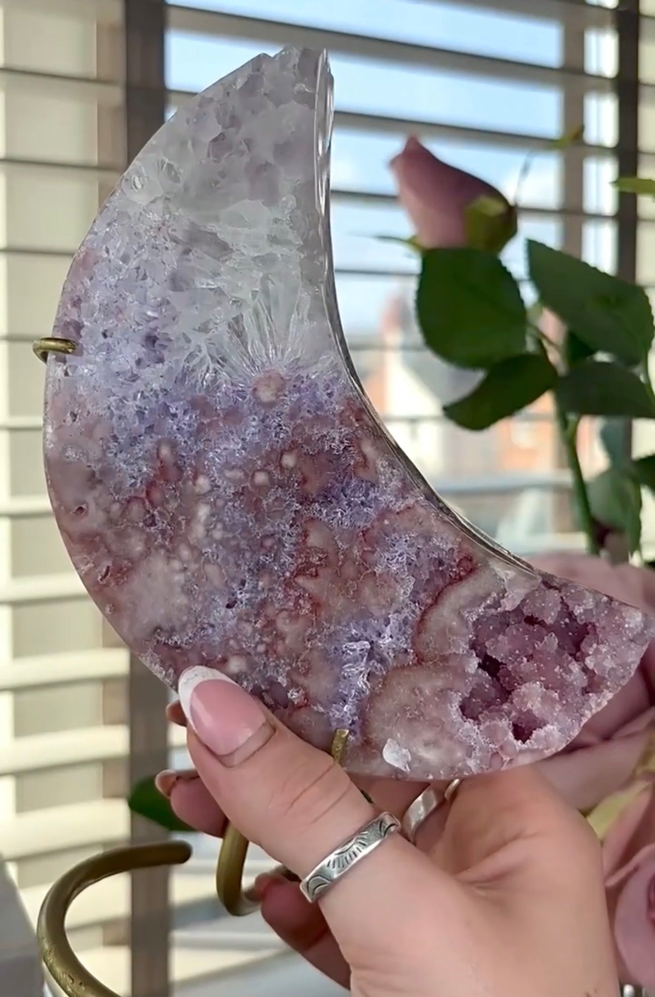High grade, pink amethyst moon with quartz - comes with stand