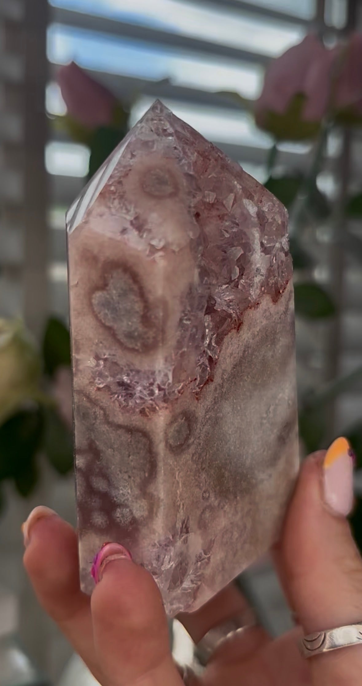 Beautiful, Pink amethyst tower with quartz druzy
