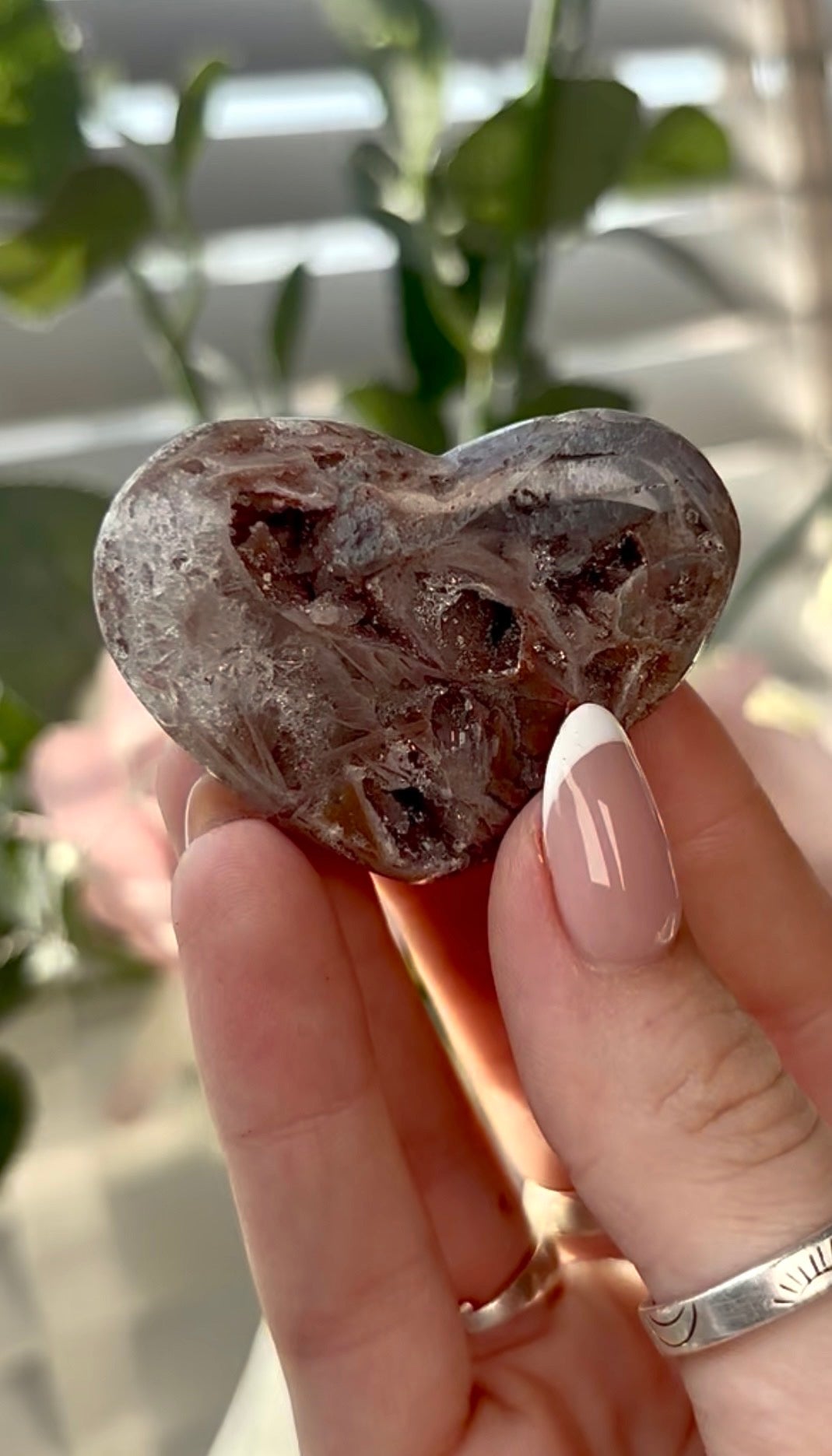 Gorgeous, mini rutile, pink amethyst  heart -comes with stand