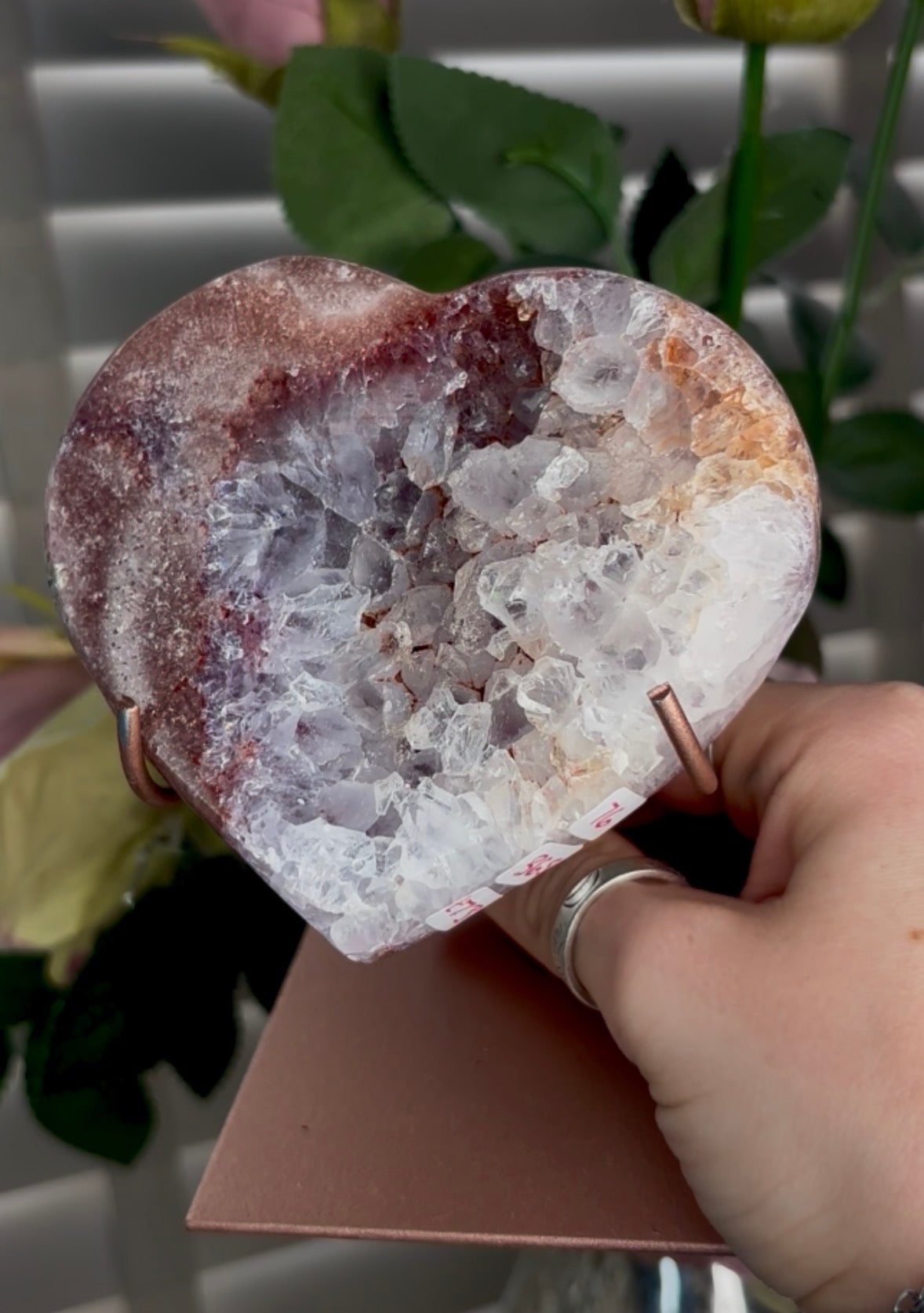 pink amethyst heart with quartz Druze- comes with stand
