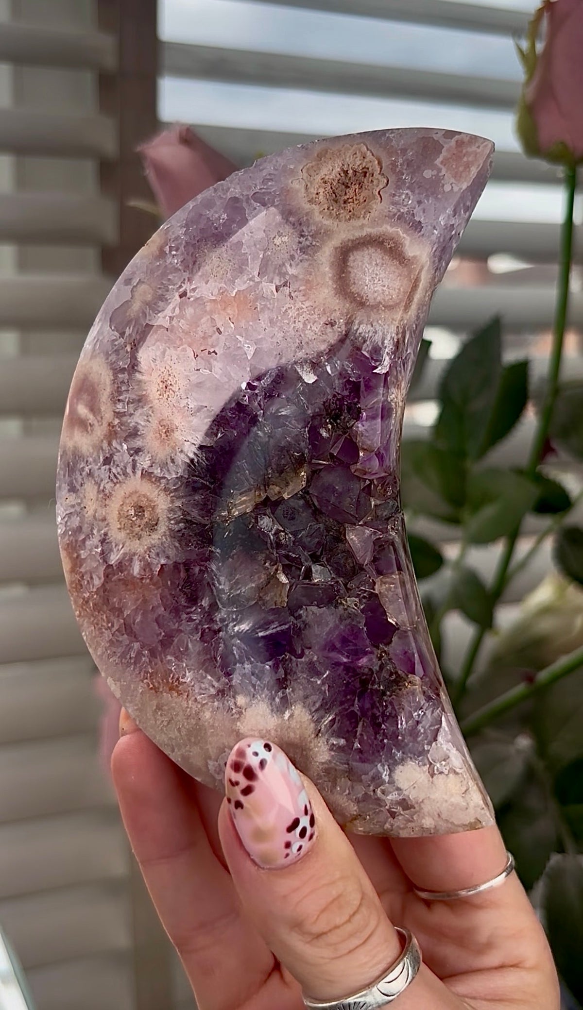 High grade, amethyst Flower agate moon with high clarity quartz