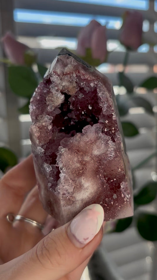Beautiful, high quality, chonky, Pink amethyst tower with purple quartz & Green jasper
