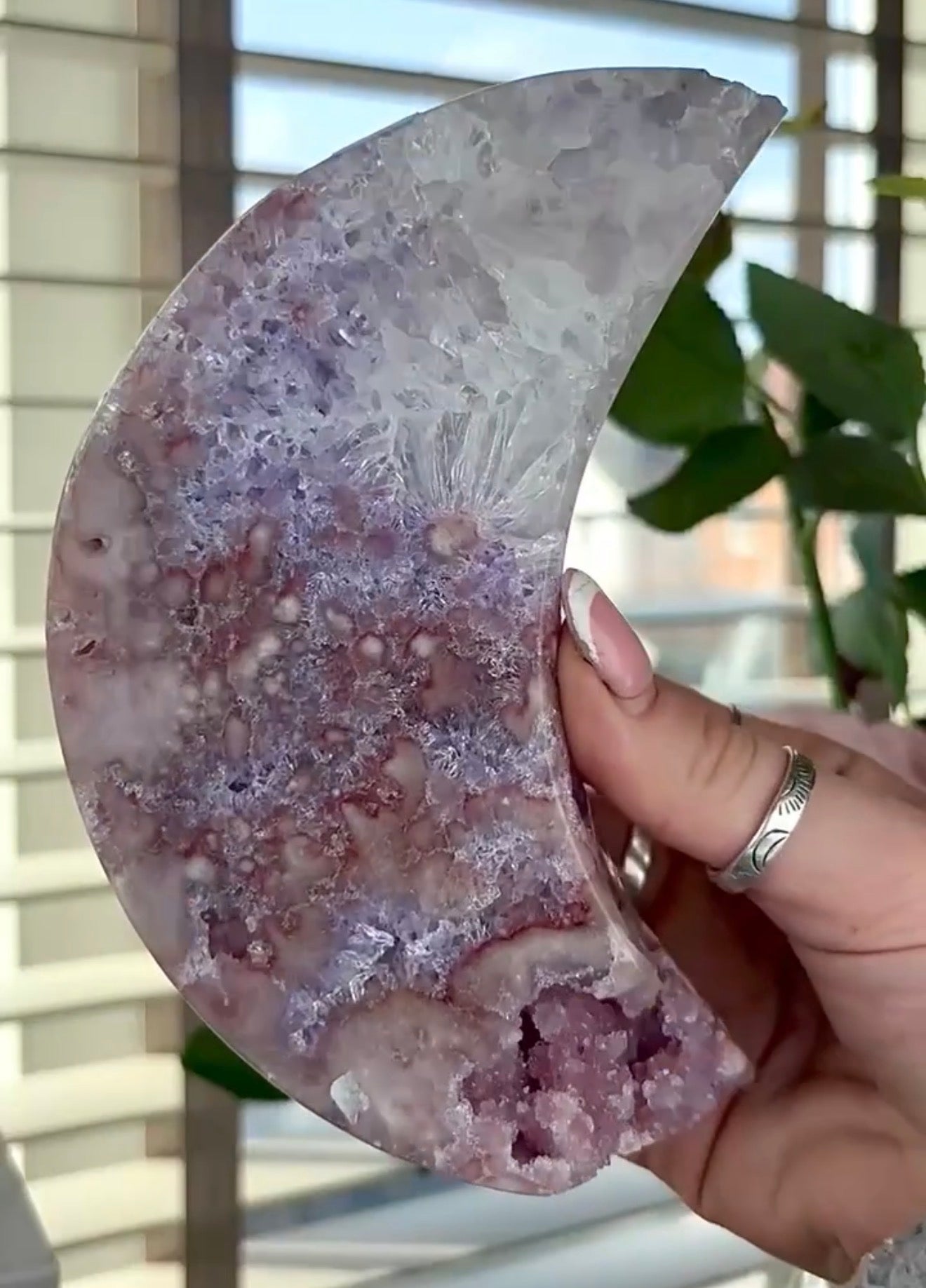 High grade, pink amethyst moon with quartz - comes with stand