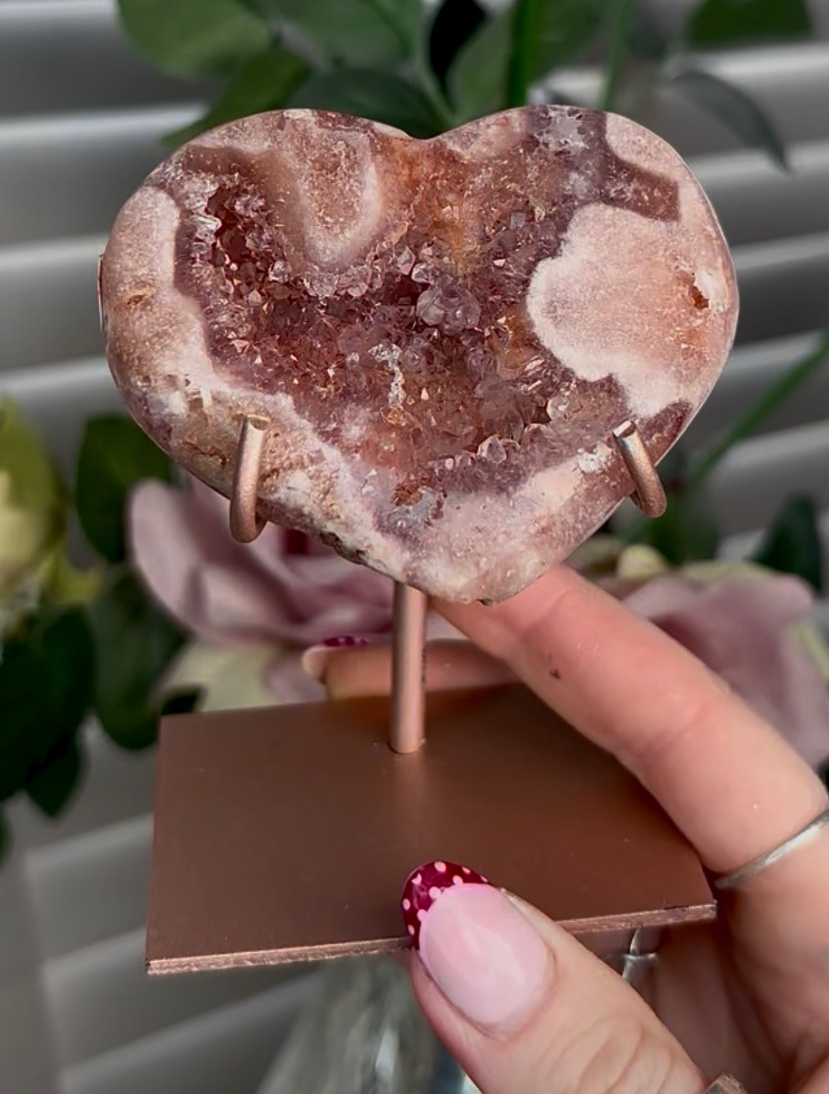 High quality pink amethyst heart - comes with stand