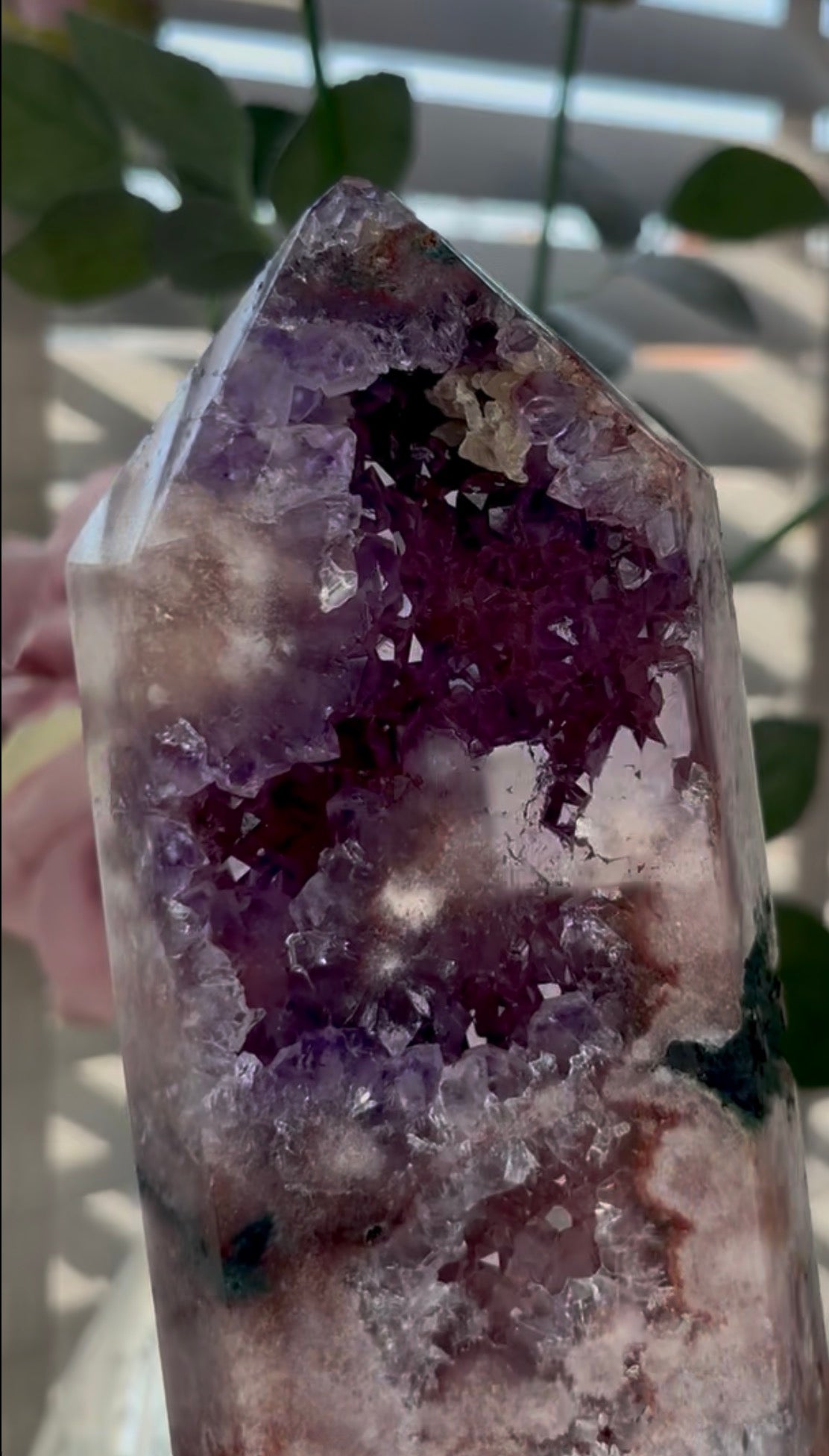 Beautiful, high quality, huge, Pink amethyst tower with purple quartz & Green jasper - 22cm