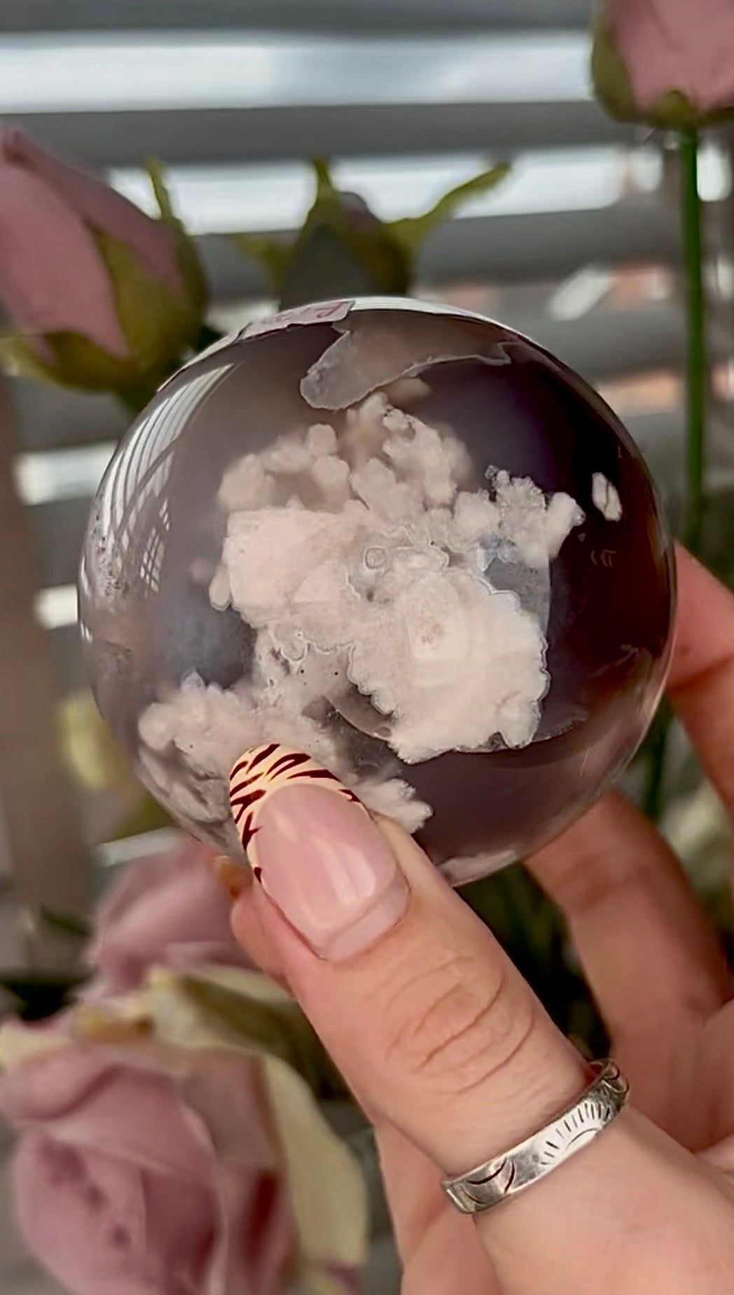 Stunning!! Super high quality, Druzy, green chlorite x blue flower agate sphere