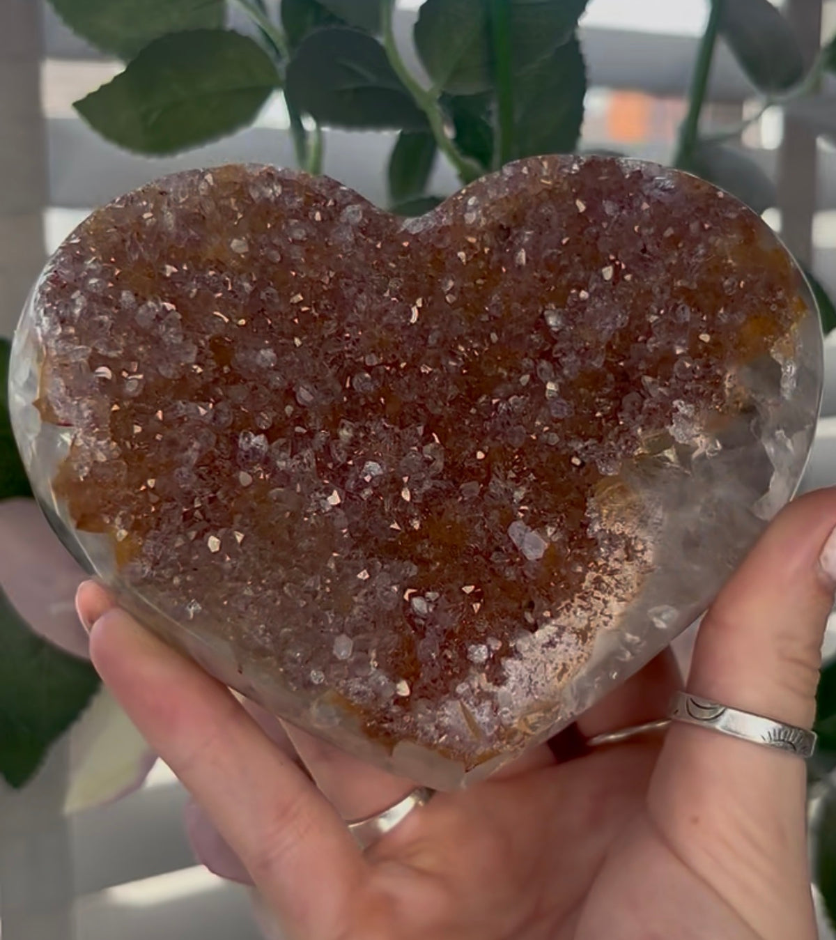 Uruguay, rainbow amethyst heart - comes with stand in orange no tones