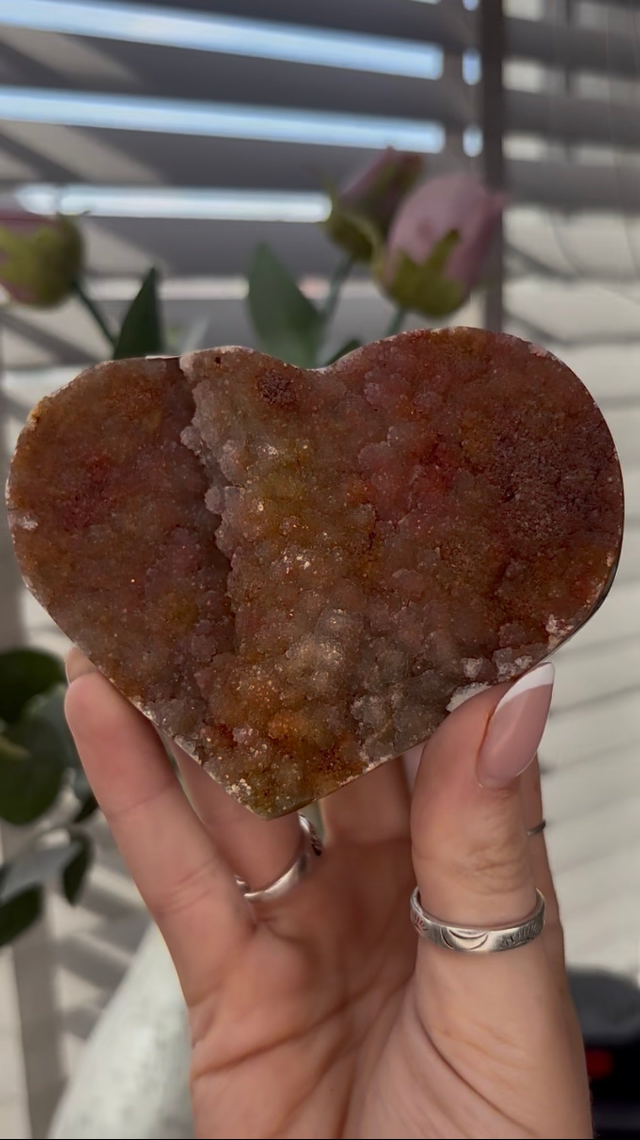 Uruguay, rainbow amethyst heart in rusty tone - comes with stand