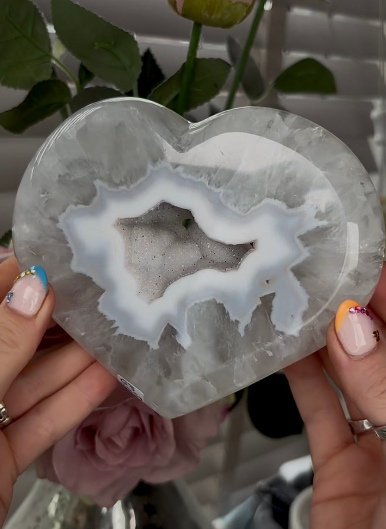 Beautiful, high grade, agate heart with druzy - comes with stand