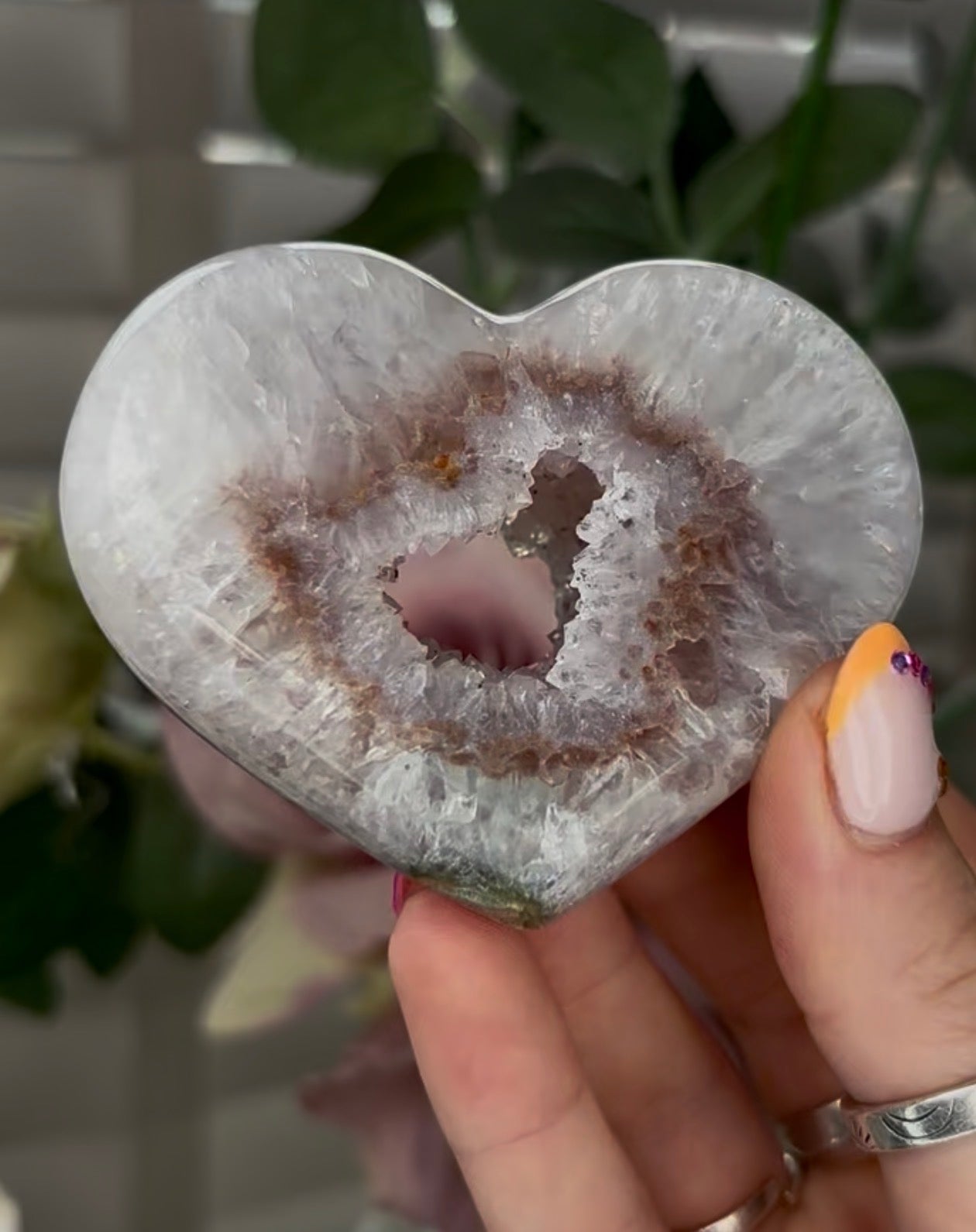 Beautiful, high grade, agate heart with druzy - comes with stand