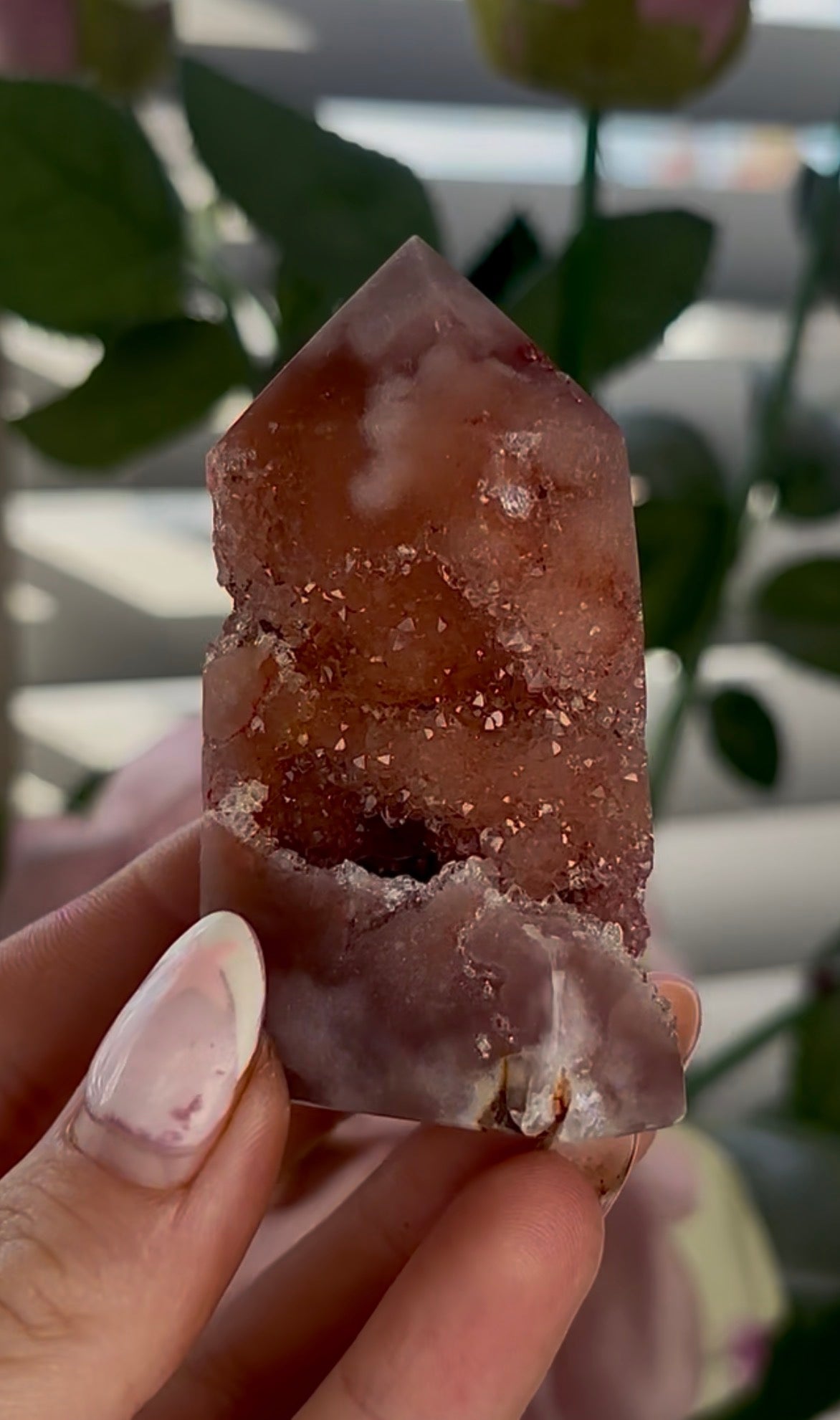 Beautiful, high quality, Pink amethyst tower with sugar druzy