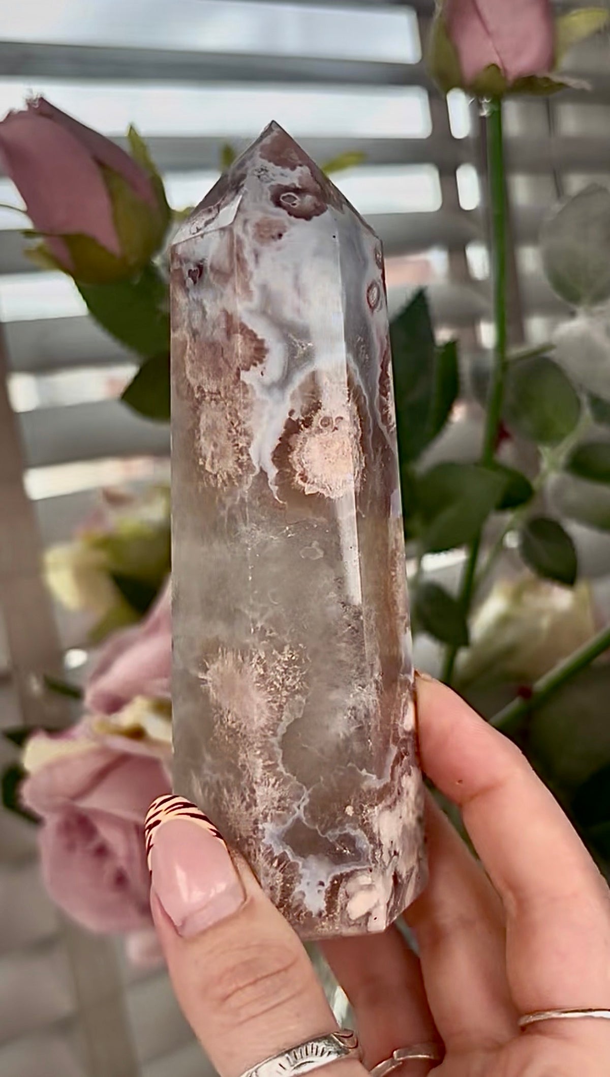 Stunning!! Super high quality, Druzy, green chlorite x blue flower agate tower